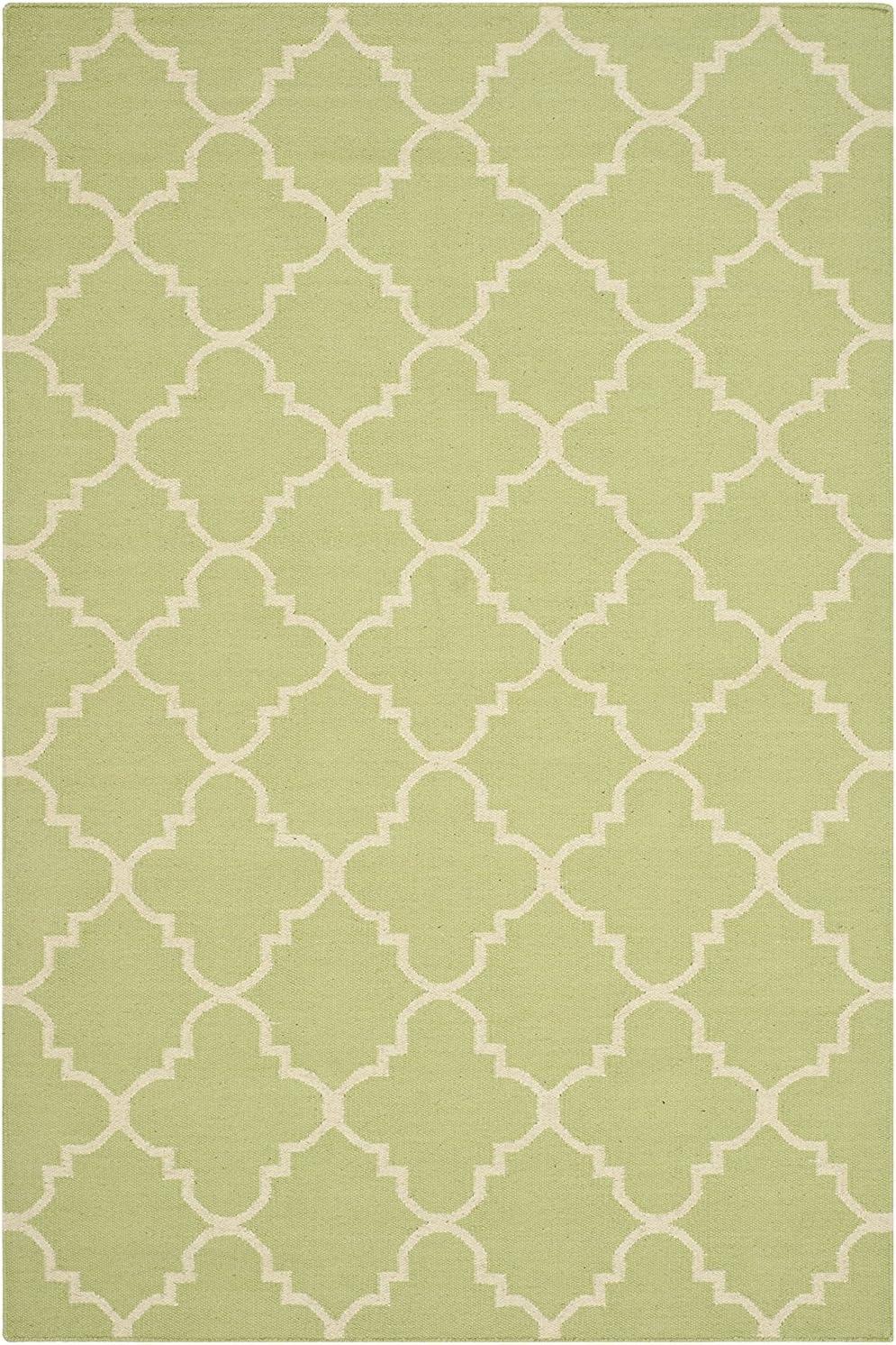 Ivory and Light Green Geometric Wool Flatweave Rug, 3' x 5'