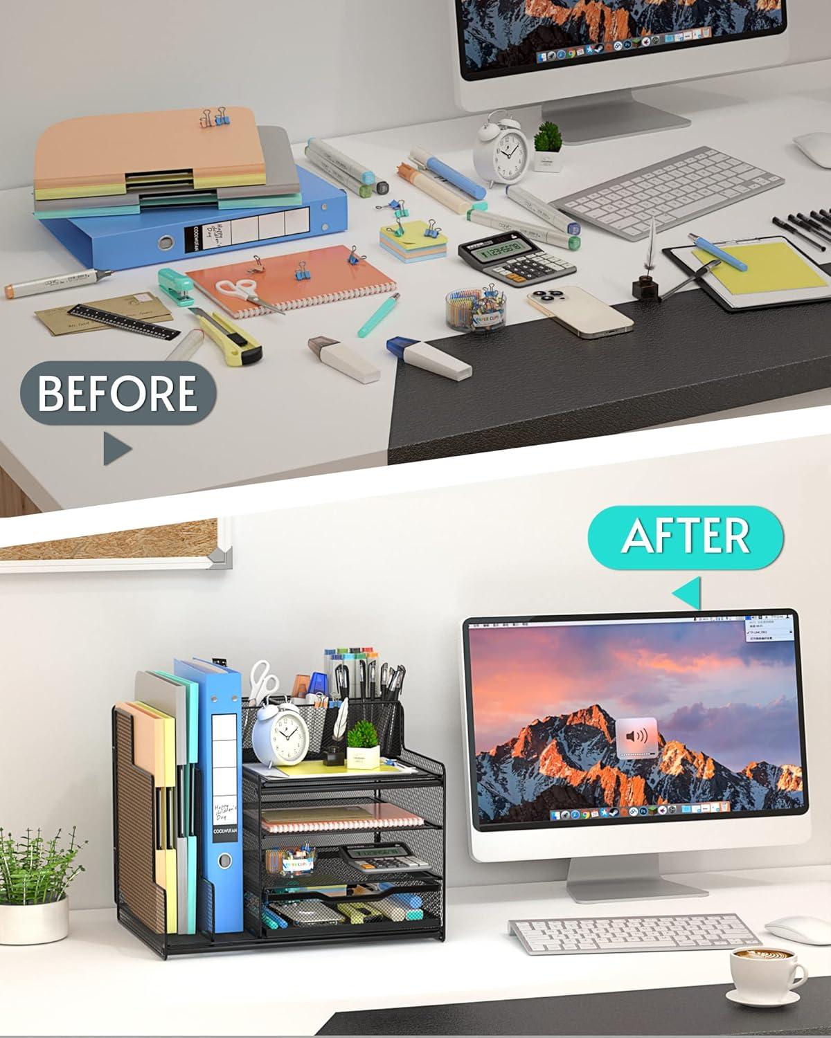 VIVSOL Desk Organizer with Mesh File Holder, 4-Tier Office Supplies Desk Organizers and Accessories with Sliding Drawers & Pen Holder, Desk File Organizer and Storage for Office, School, Home, Black