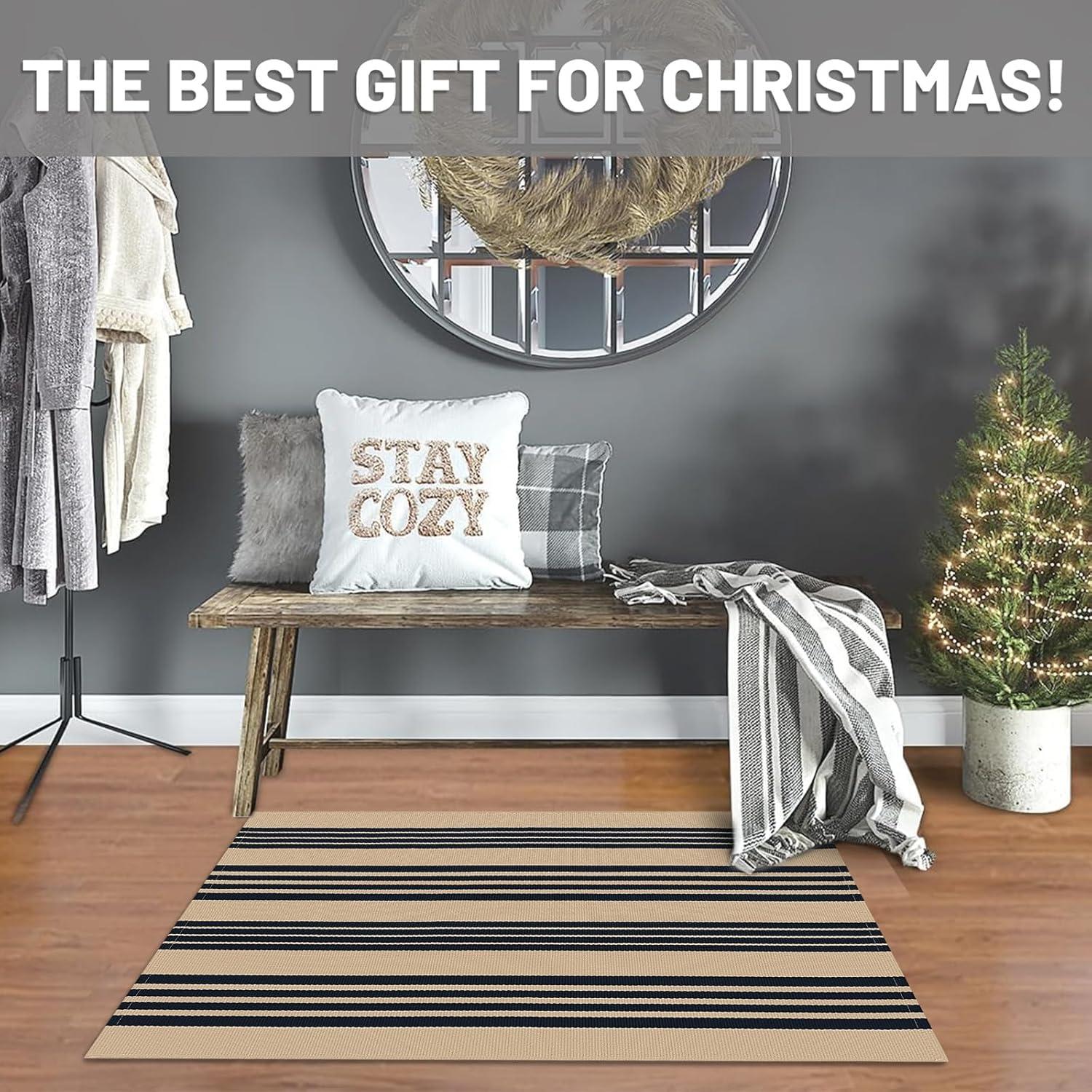 IOHOUZE Navy and White Striped Rug 2'x3' Front Door Rugs, Small Washable Area Rug for Front Porch, Spring Summer Doormats Outdoor Indoor, Cotton Rugs for Entryway Porch Entrance