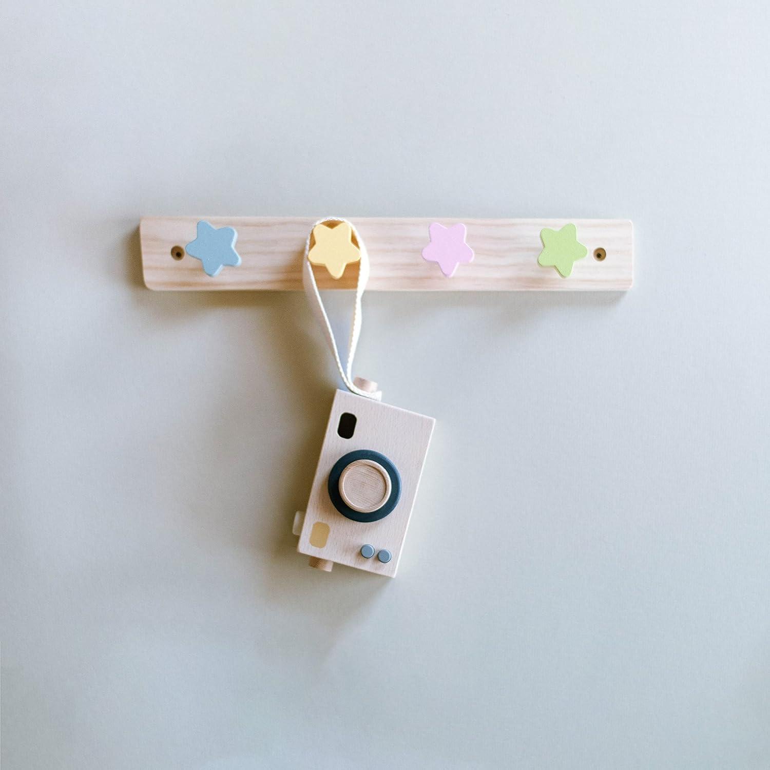 Natural Pine Star Shaped Kids Coat Rack with Colorful Hooks