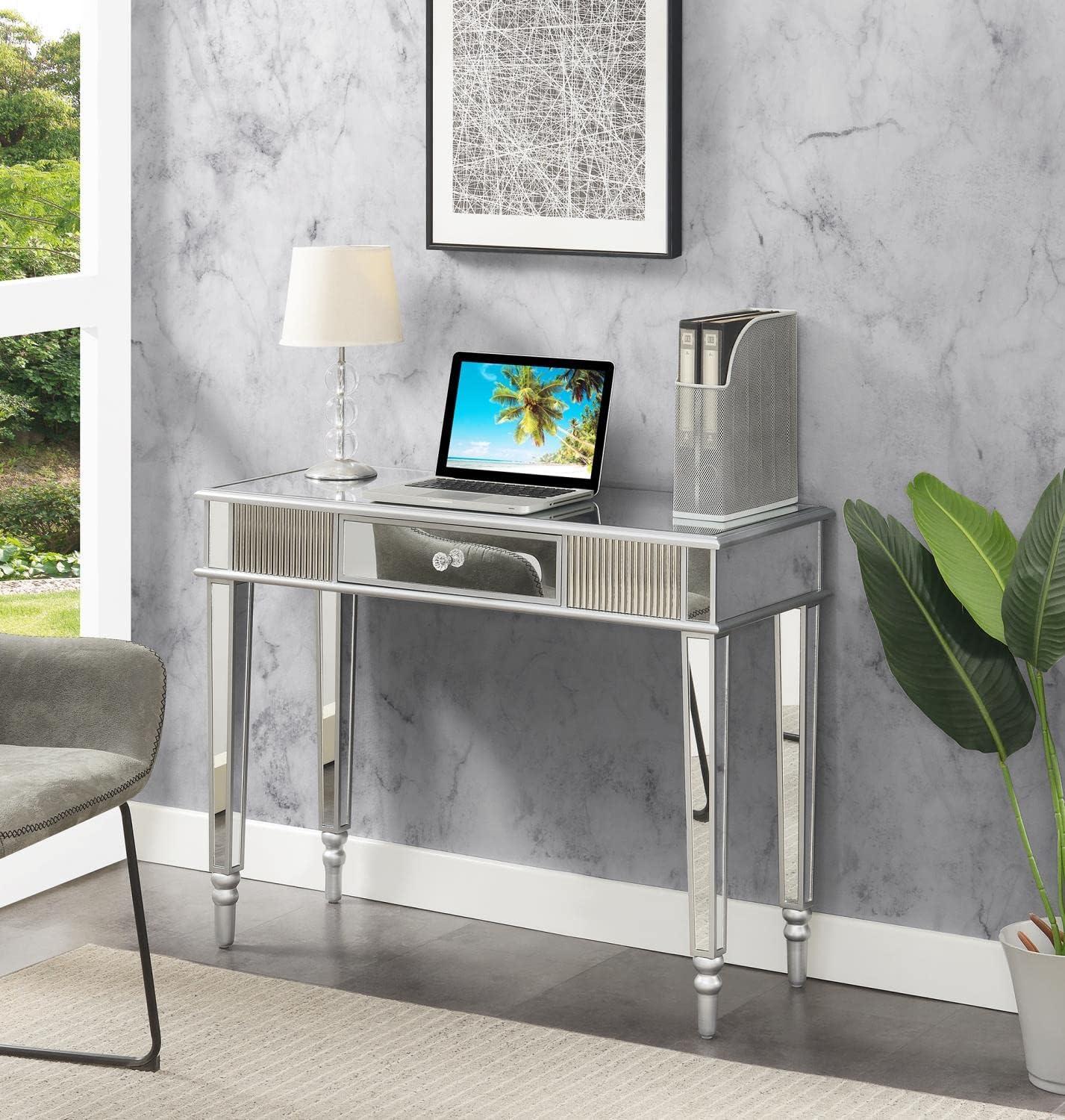 French Country 1 Drawer Mirrored Desk & Console Table, Stainless Steel