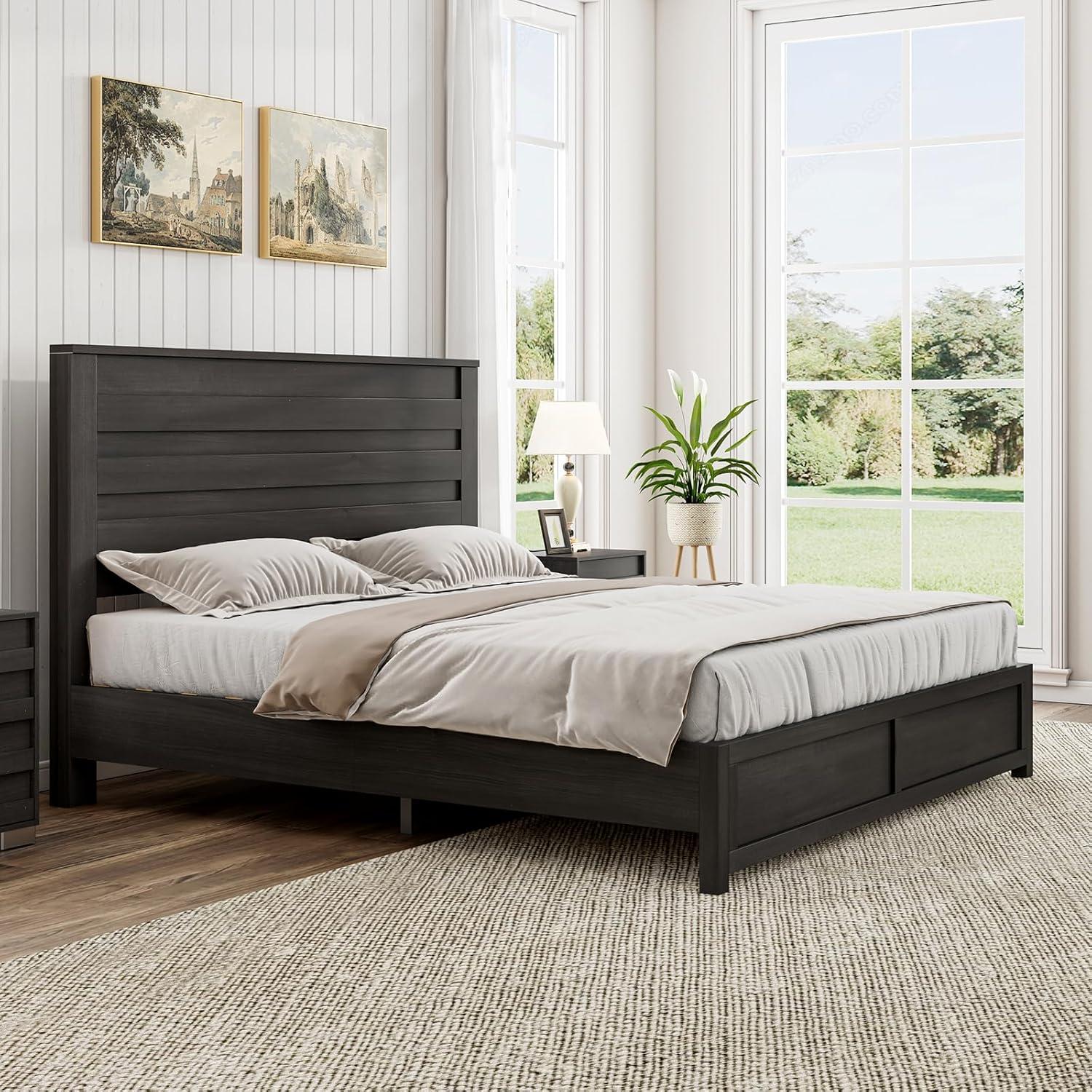 Marro Bed Frame with 49" Tall & Full-Panel Headboard, Farmhouse Platform Bed with Wood Slats & Metal Bed Frame, No Box Spring Needed/Noise Free