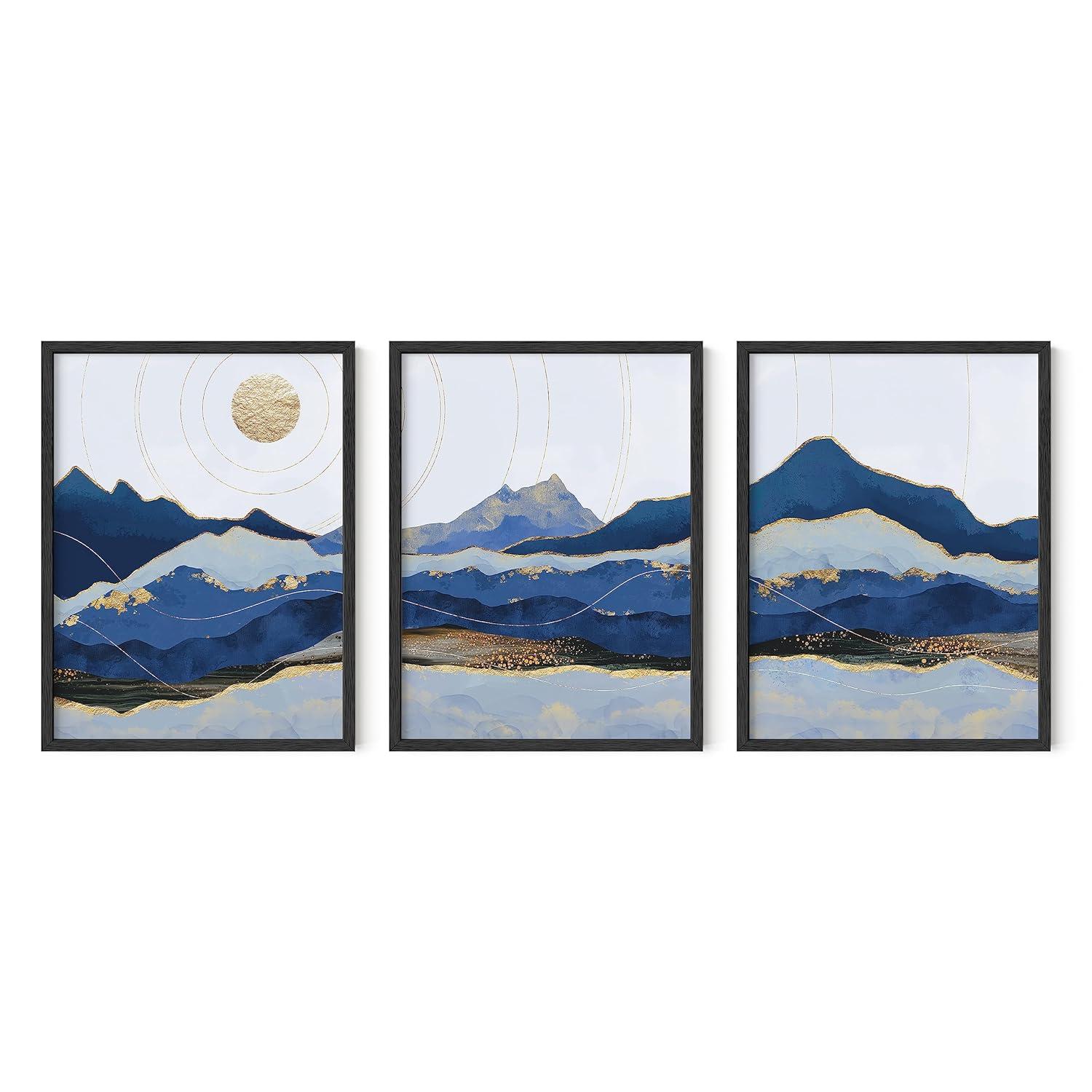 HAUS AND HUES Mountain Wall Art - Blue Wall Decor Nature Wall Art Set of 3, Modern Wall Decor, Landscape Wall Art, Abstract Art Wall Decor, Mountain Art Framed Wall Art Set (12x16, Black Framed)