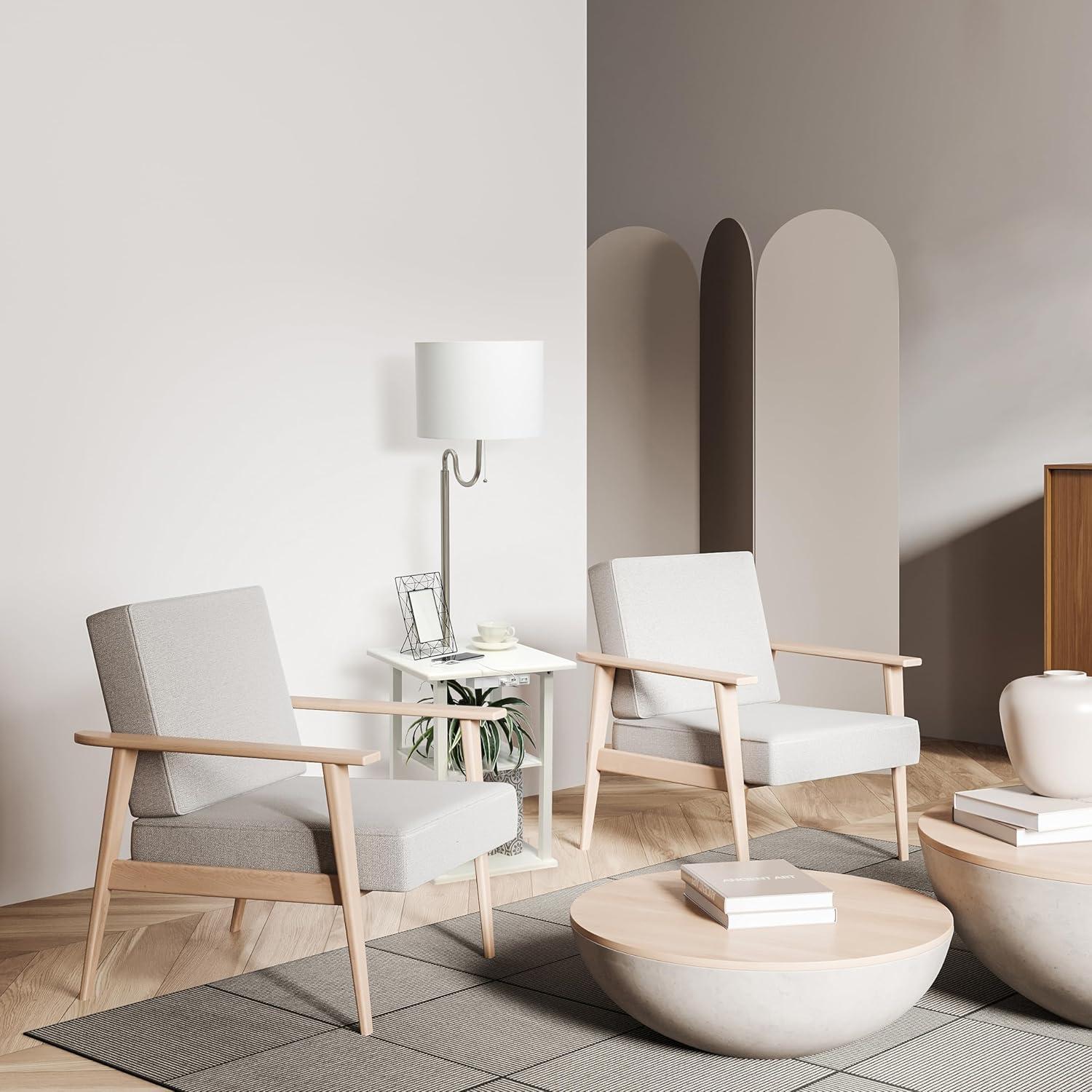 57 in. Modern 2 Tier End Table & White Drum Fabric Shade Floor Lamp with 2 x USB Charging Ports & Power Outlet, White