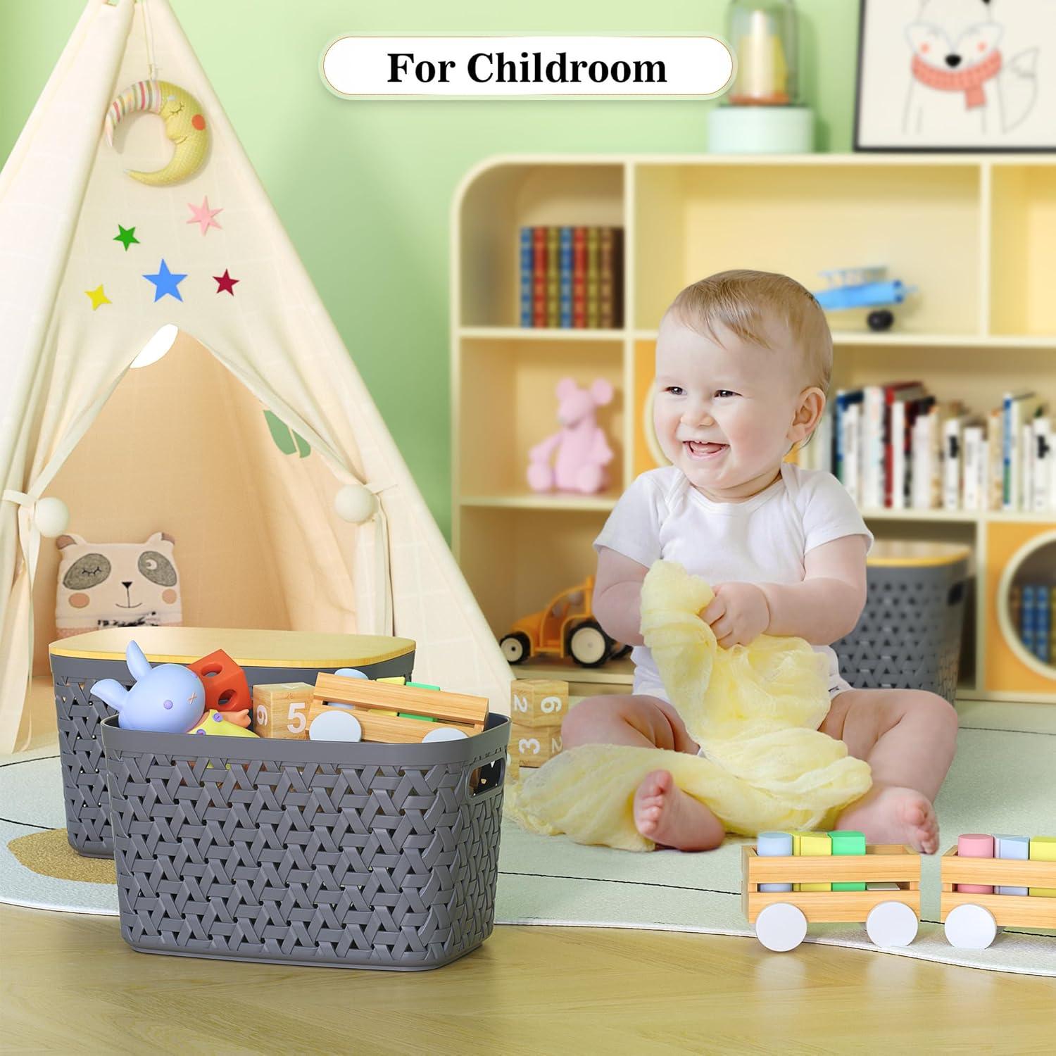 Rebrilliant Plastic Storage Bins With Bamboo Lids Set Of 4 - Pantry Organization And Storage Containers Storage Baskets - Stackable Storage Bins For Shelves Drawers Desktop Closet Playroom Classroom Office
