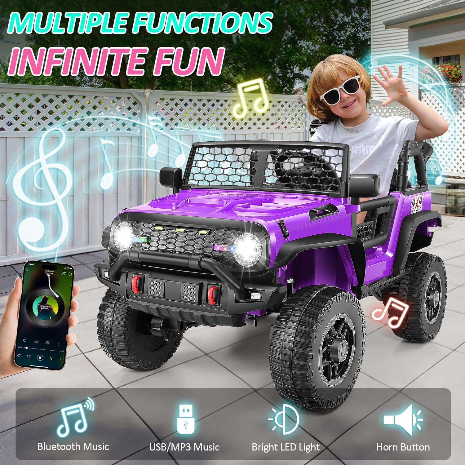 24V Purple Two-Seater Kids Electric Jeep with Bluetooth