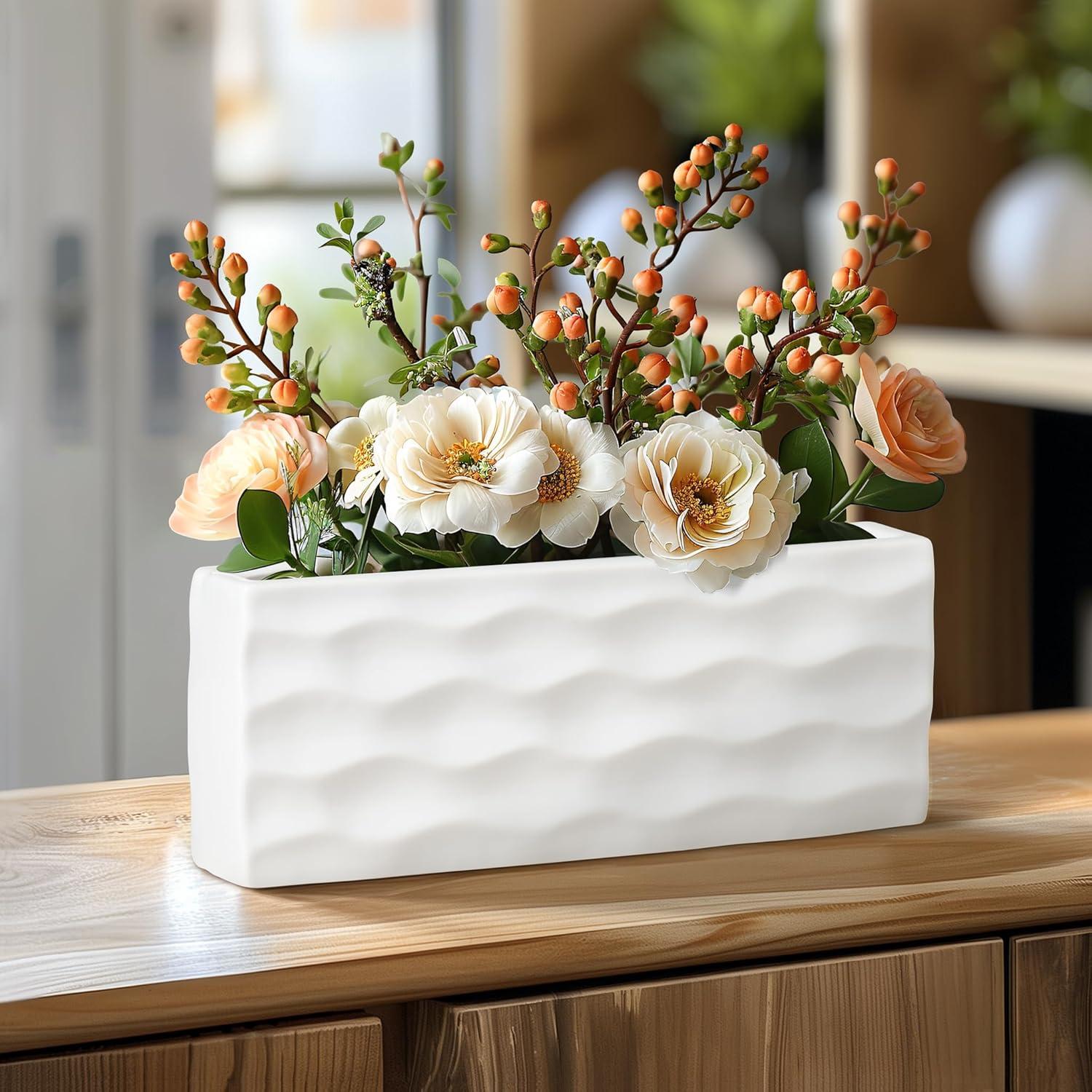 Elegant Glossy White Ceramic Rectangular Vase for Faux or Fresh Bouquets