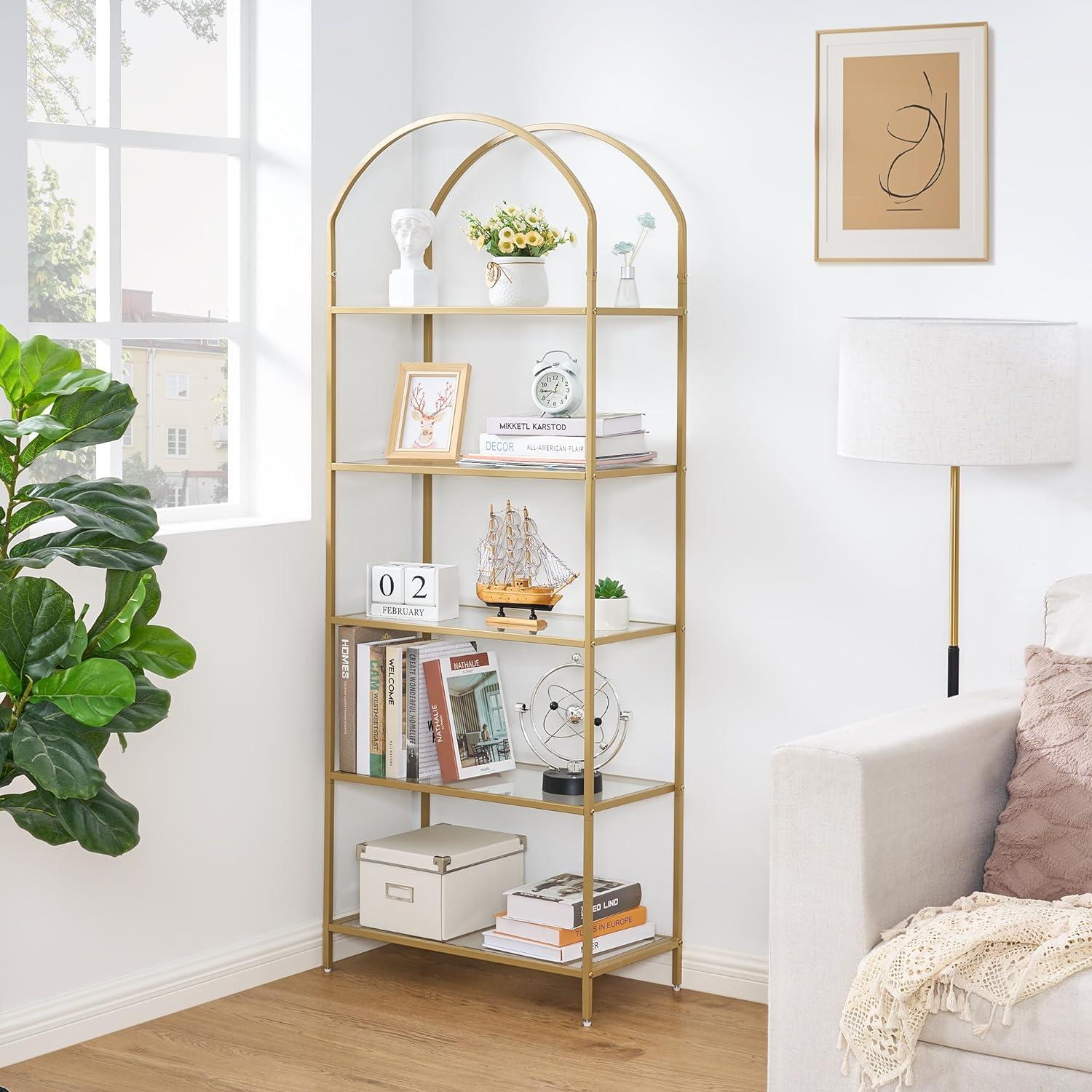 5 Tier Gold Bookshelf, Modern Storage Organizer Shelf, Metal Bookcase Stand for Office, Bedroom Kitchen Living Room