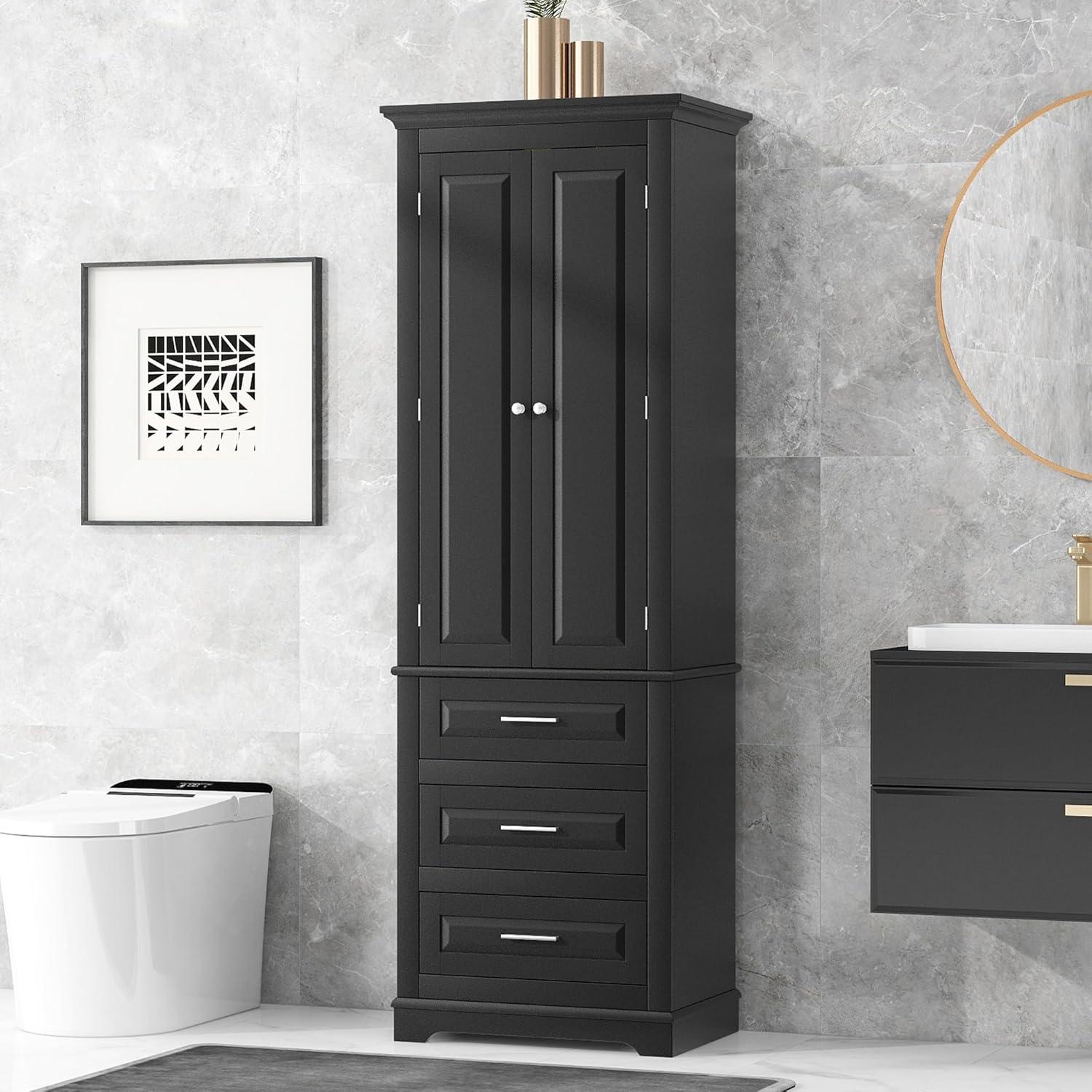 Tall Black MDF Office Storage Cabinet with Adjustable Shelves