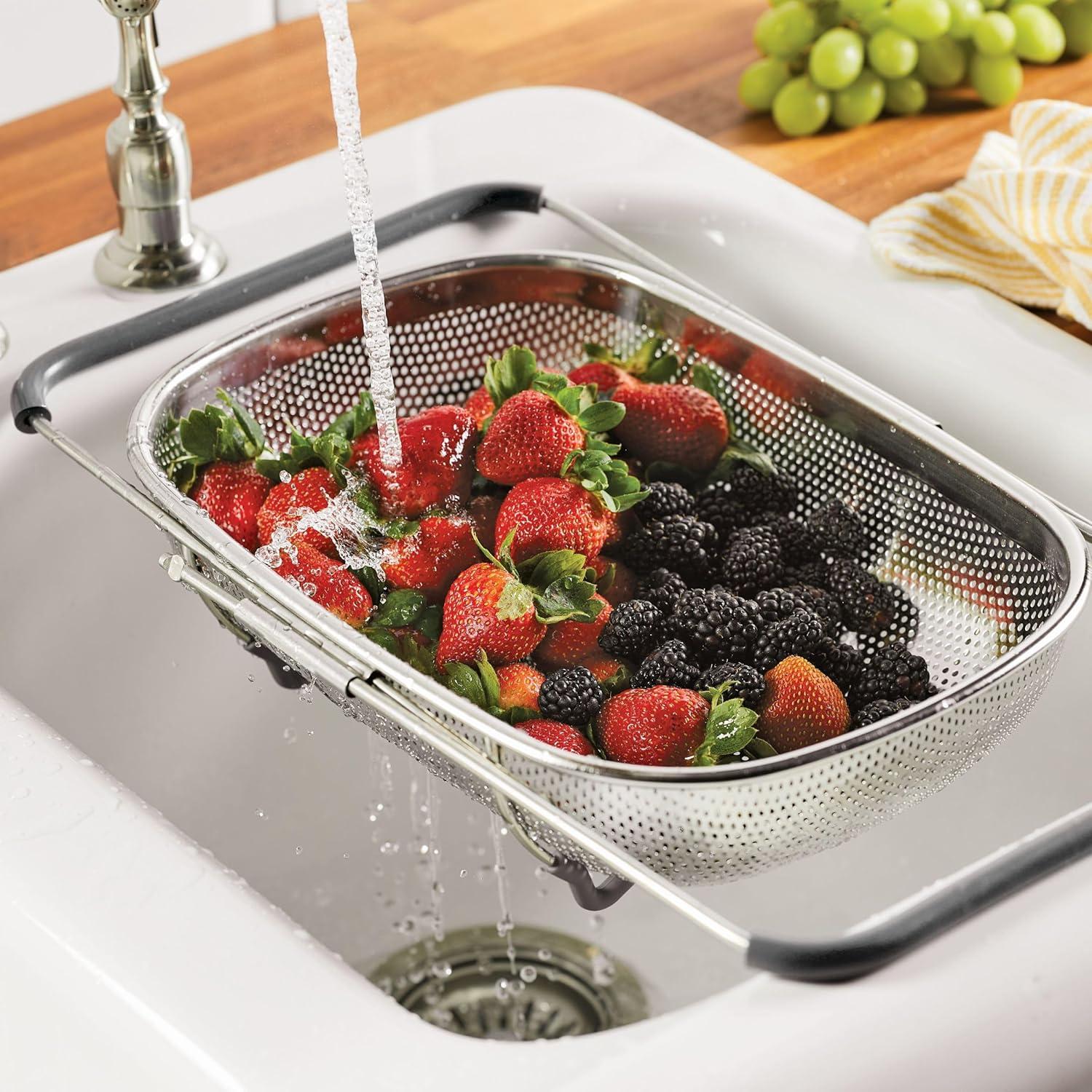 Stainless Steel Over-The-Sink Colander with Gray Handles