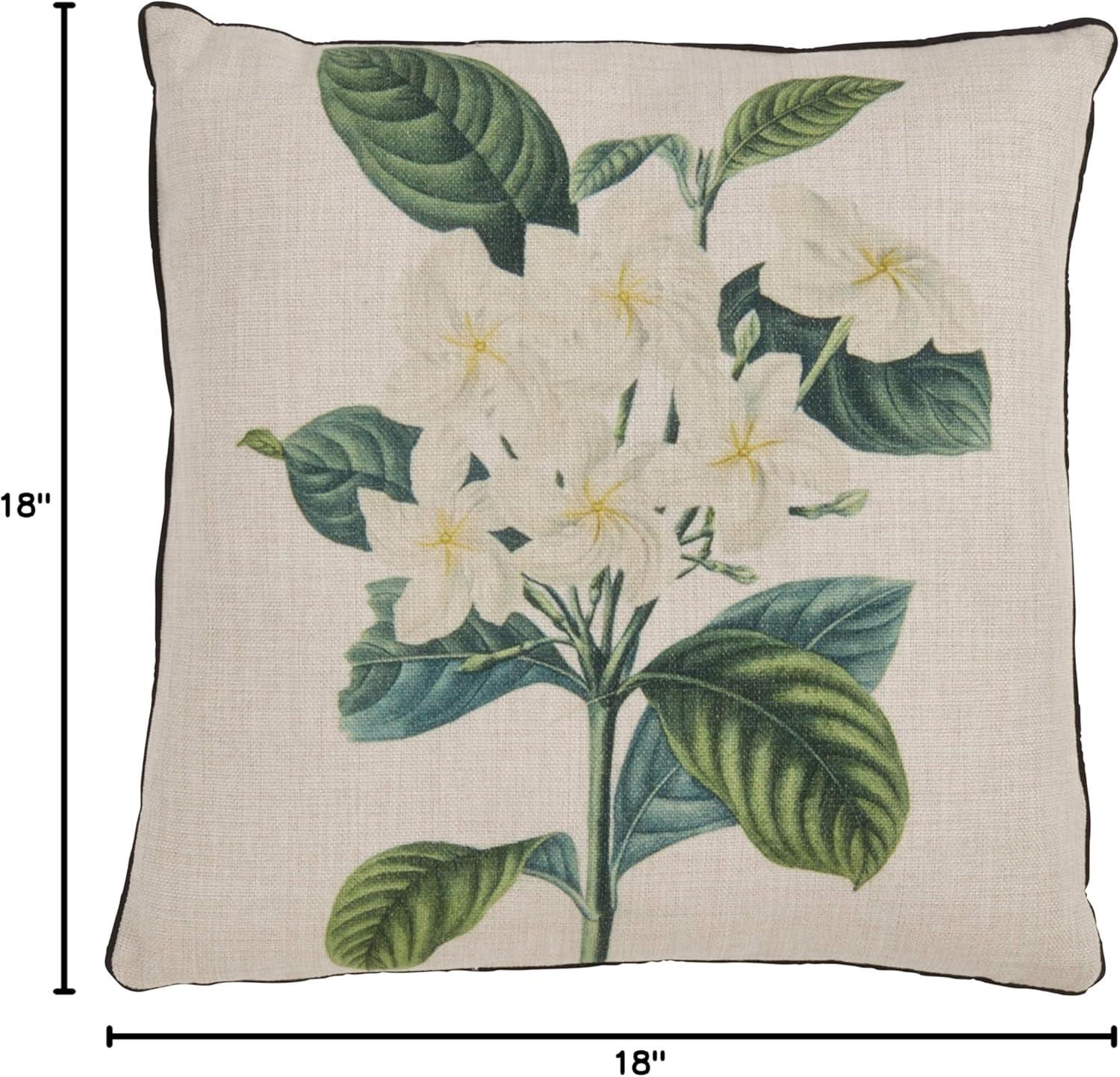 Gardenia Print Square Throw Pillow with Green Leaves