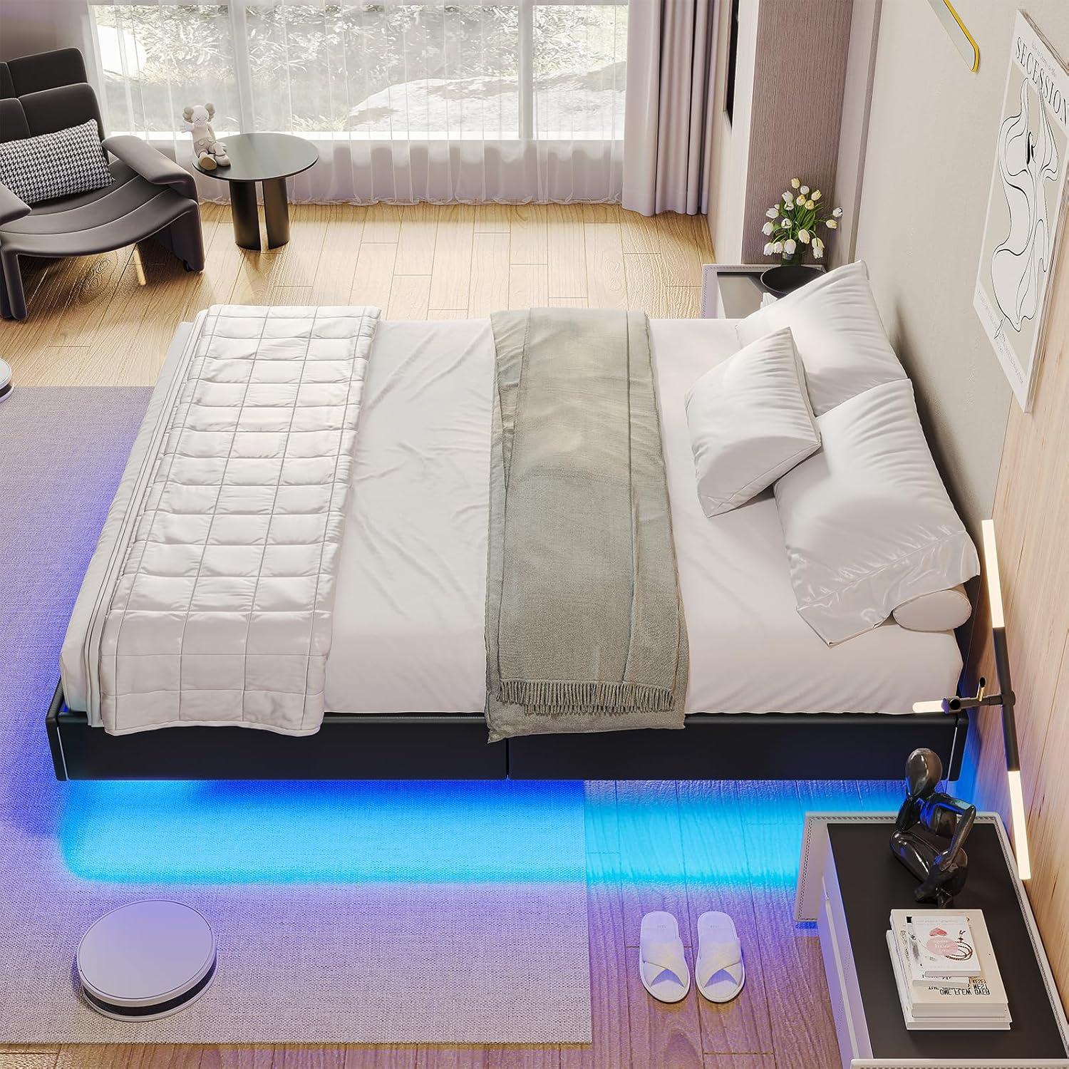 Alwyn Home Floating Bed Frame With Led Lights Metal Platform Bed, No Squeak
