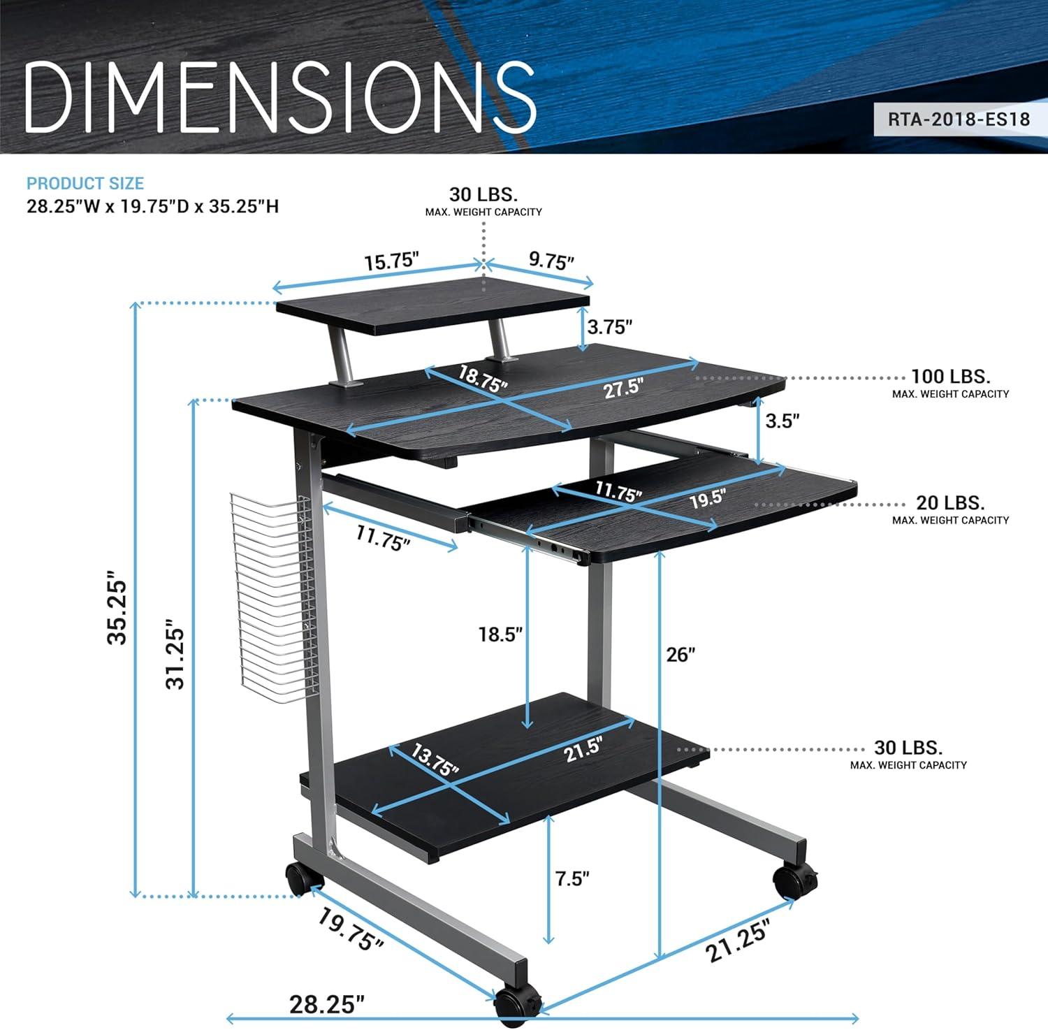 Espresso Compact Workstation Cart with Slide-Out Keyboard Tray