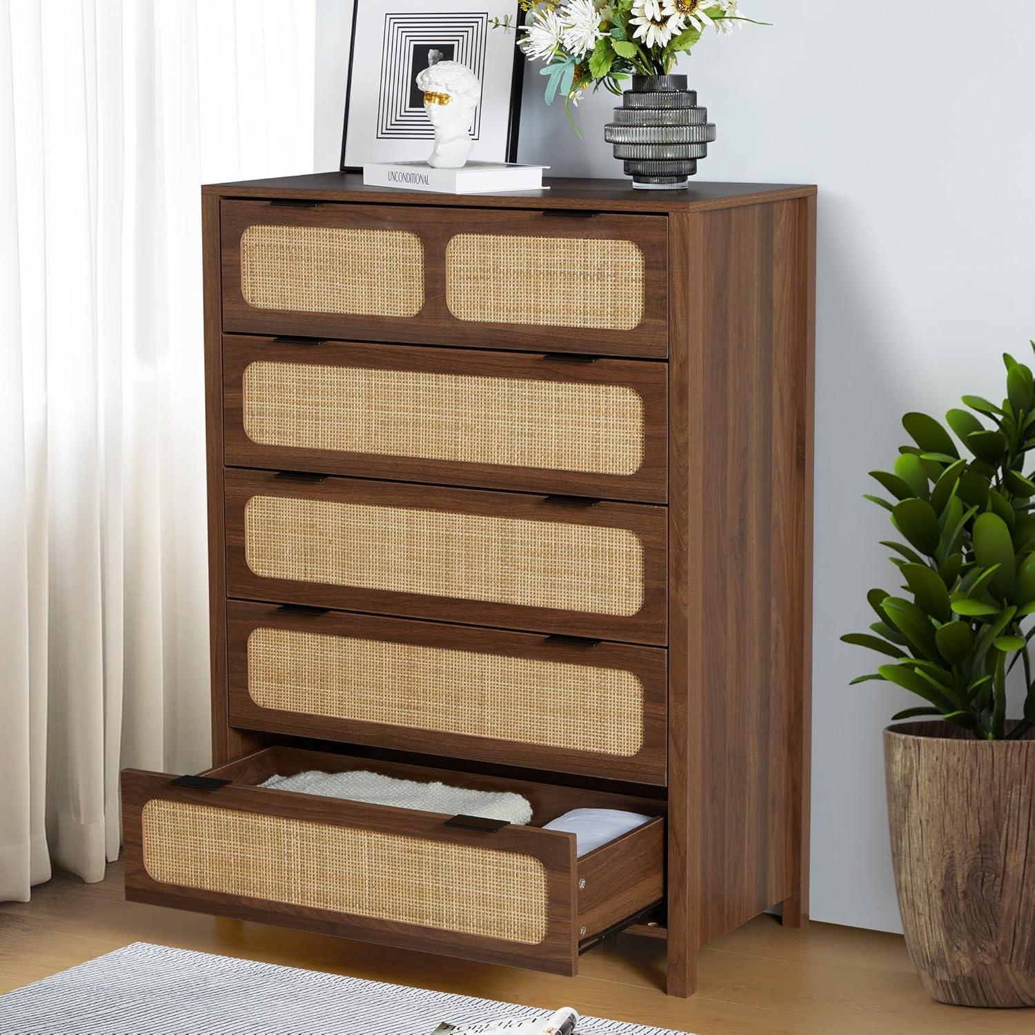 Walnut 5-Drawer Dresser with Rattan Fronts and Metal Handles