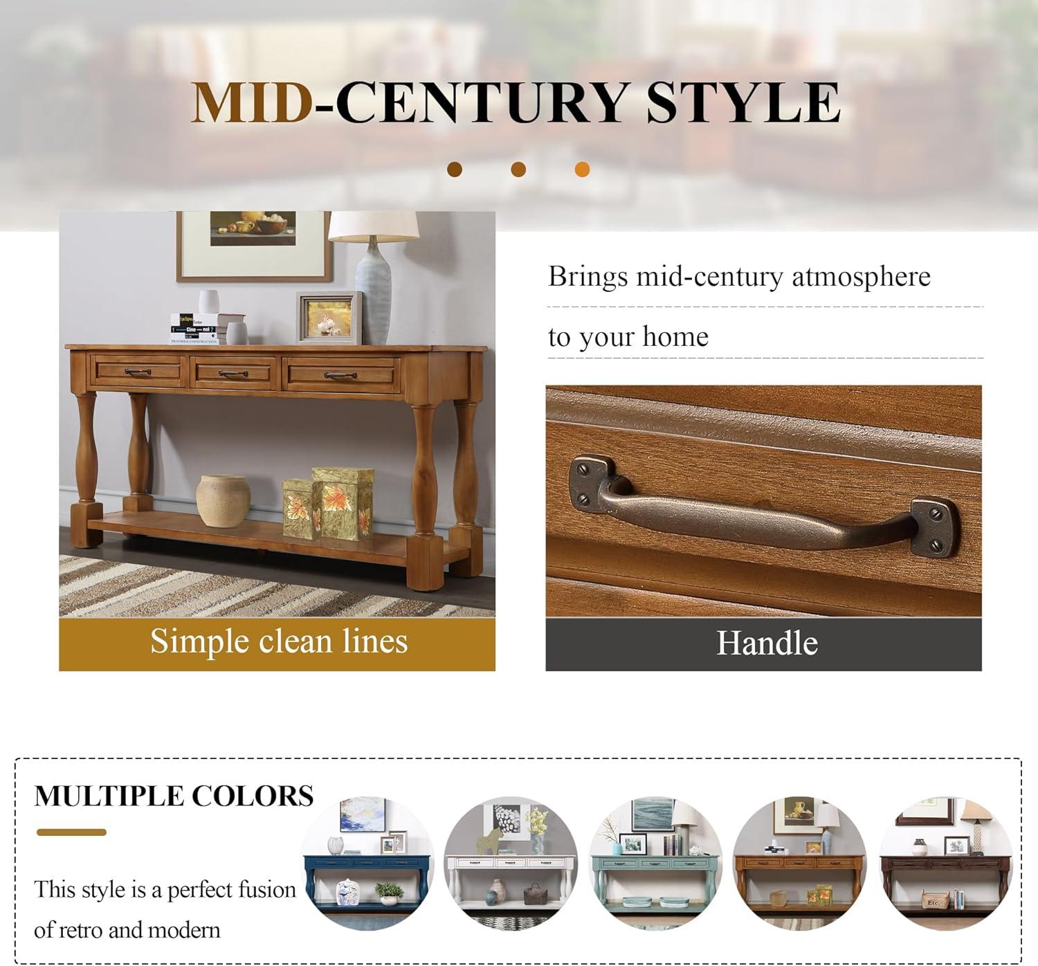 63inch Solid Wood Console Table with 3 Drawers and 1 Bottom Shelf Extra-Thick Sofa Table(Brown)