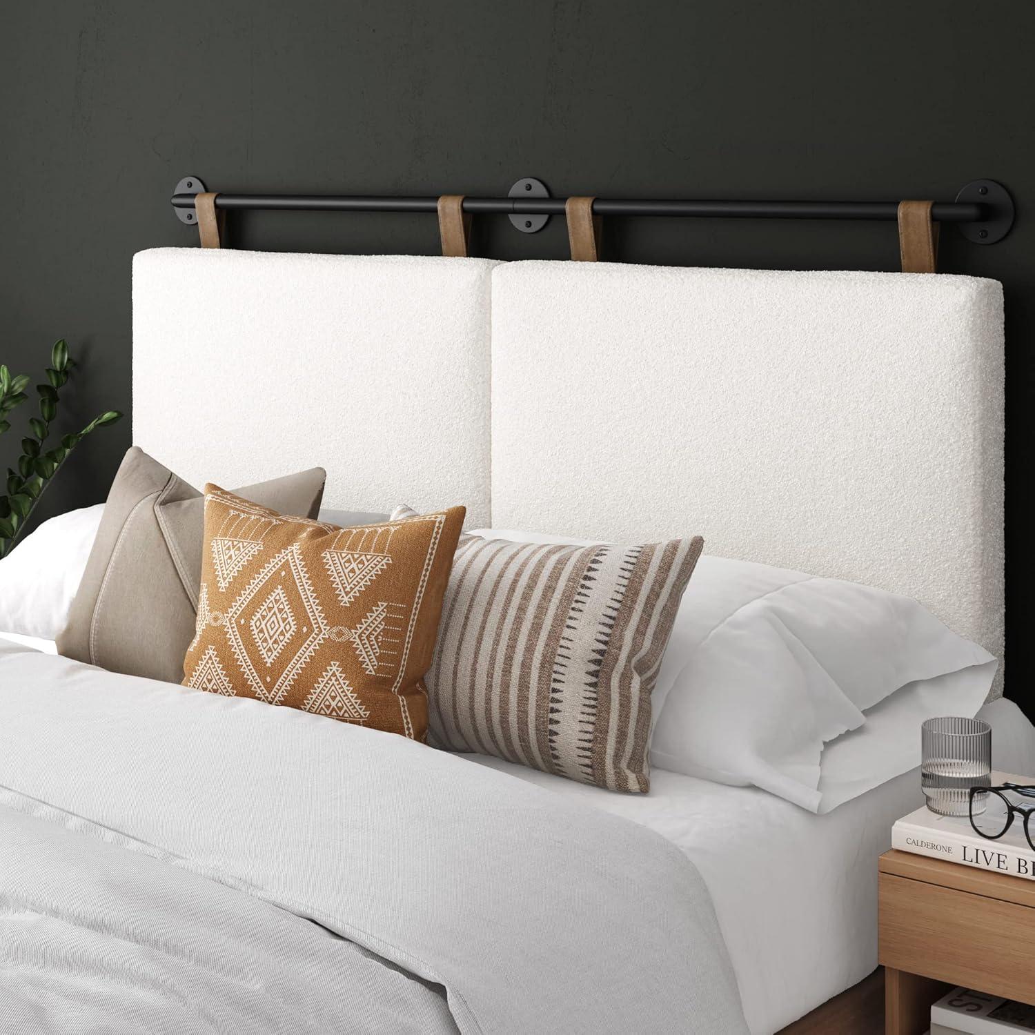 Queen Size White Boucle Upholstered Headboard with Leather Straps