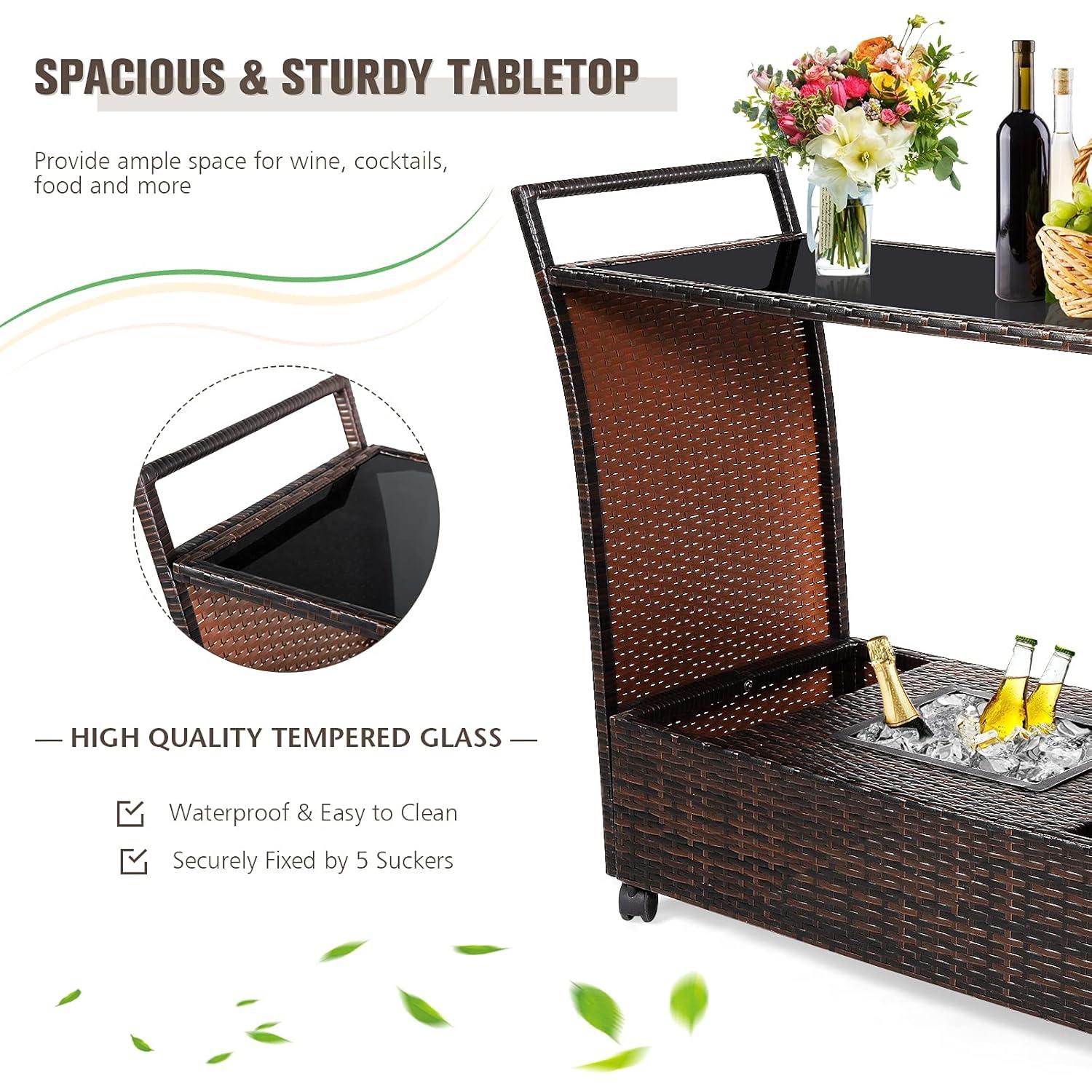 RELAX4LIFE Outdoor Wicker Bar Cart with Removable Ice bucket, Patio Serving Counter Table with Glass Top & Wheels, Storage Compartments Rattan Rolling Trolley for Pool, Backyard,Porch Wine Cart, Brown