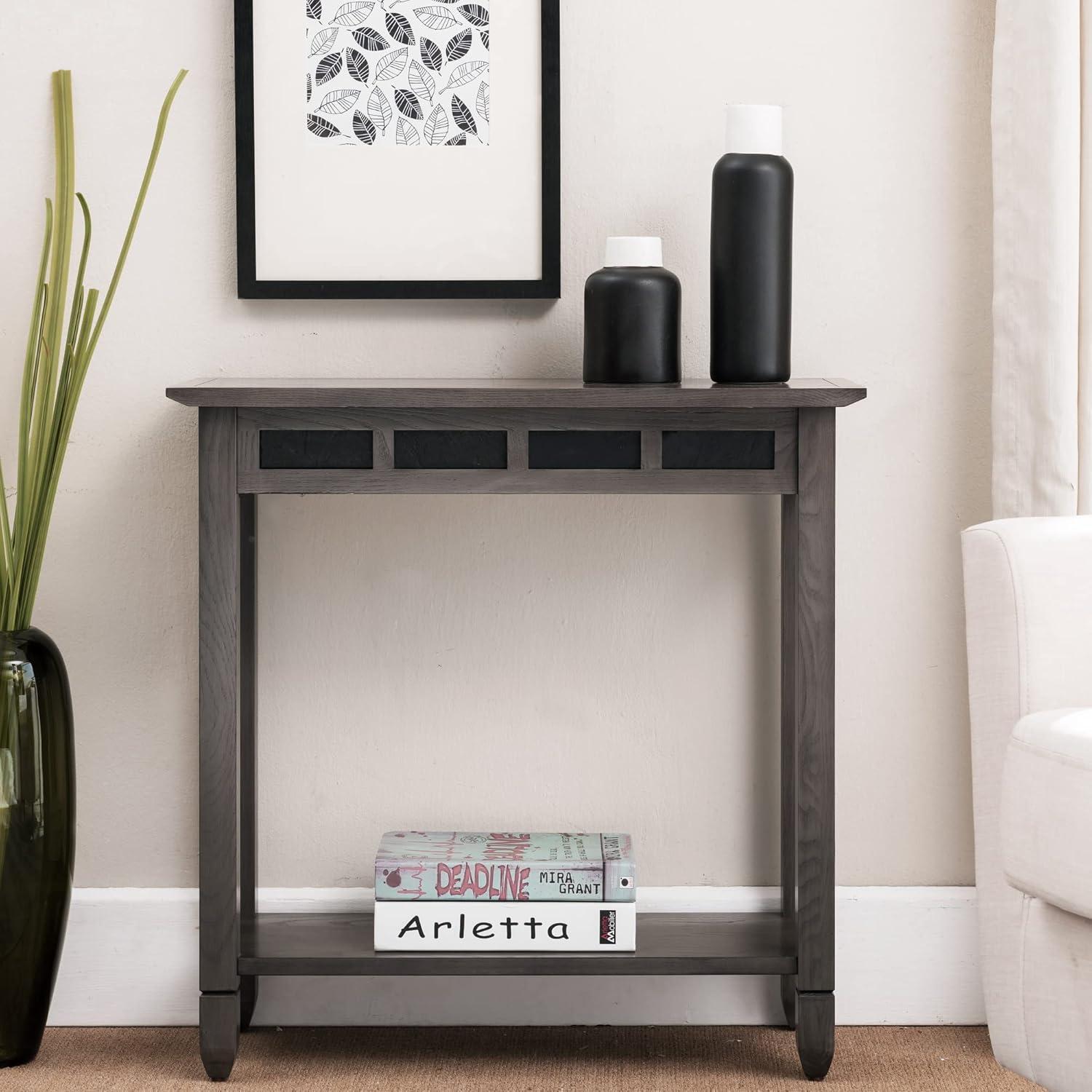 Smoke Gray Oak Console Table with Slate Tile and Shelf