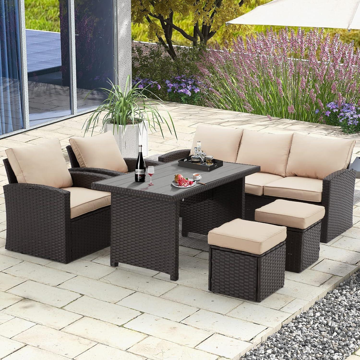 Vicluke 6 Pieces Patio Furniture Sets Clearance, Conversation Set All Weather Wicker Rattan Couch Beige