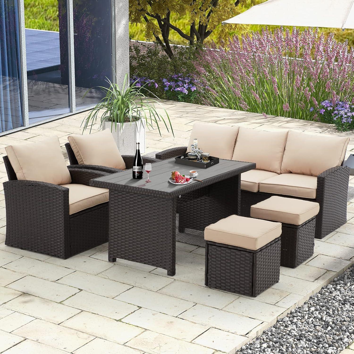 Vicluke 6 Pieces Patio Furniture Sets Clearance, Conversation Set All Weather Wicker Rattan Couch Beige