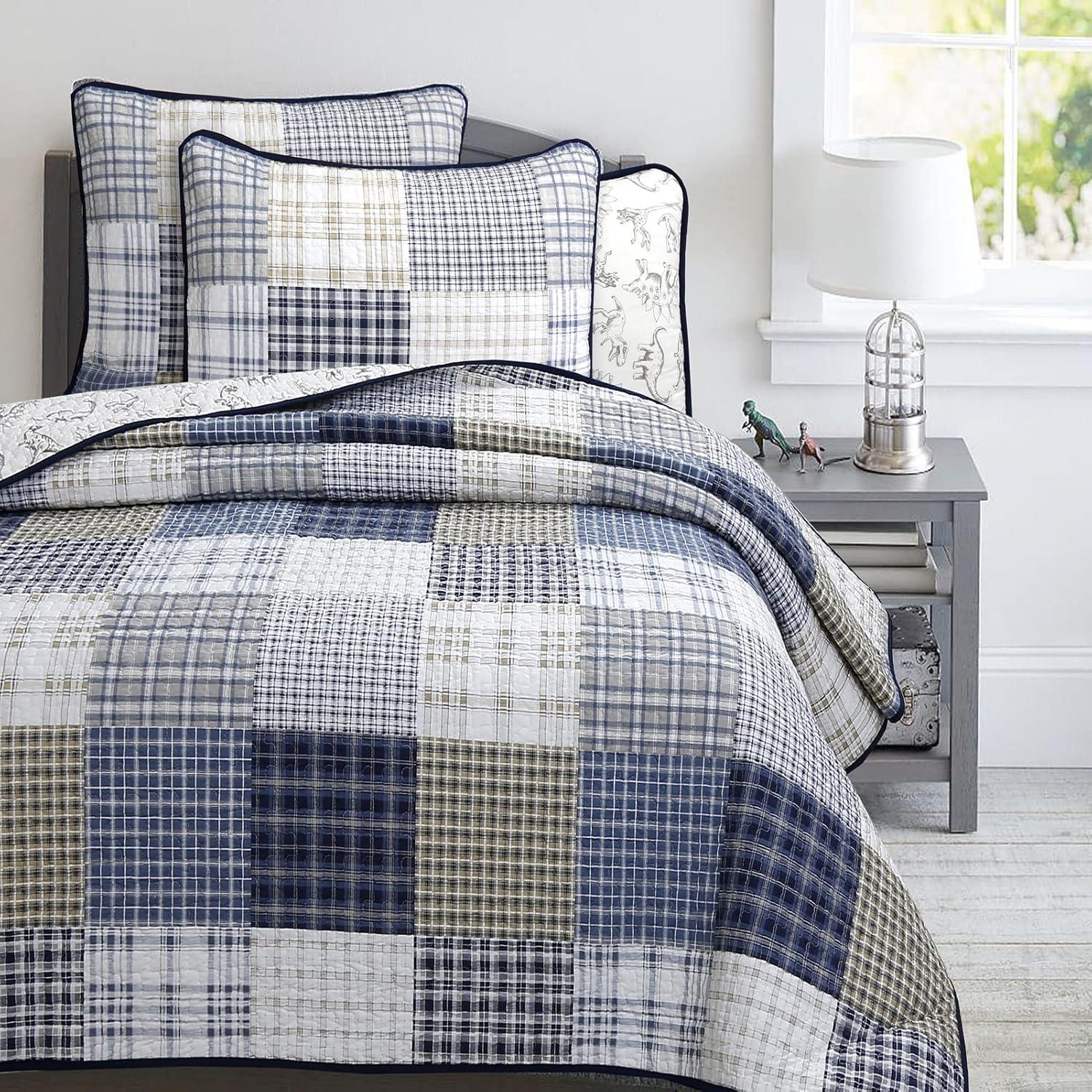Cozy Line Benjamin Cute Dinosaur Navy Blue White Grey Plaid cotton Quilt, Twin - Reversible