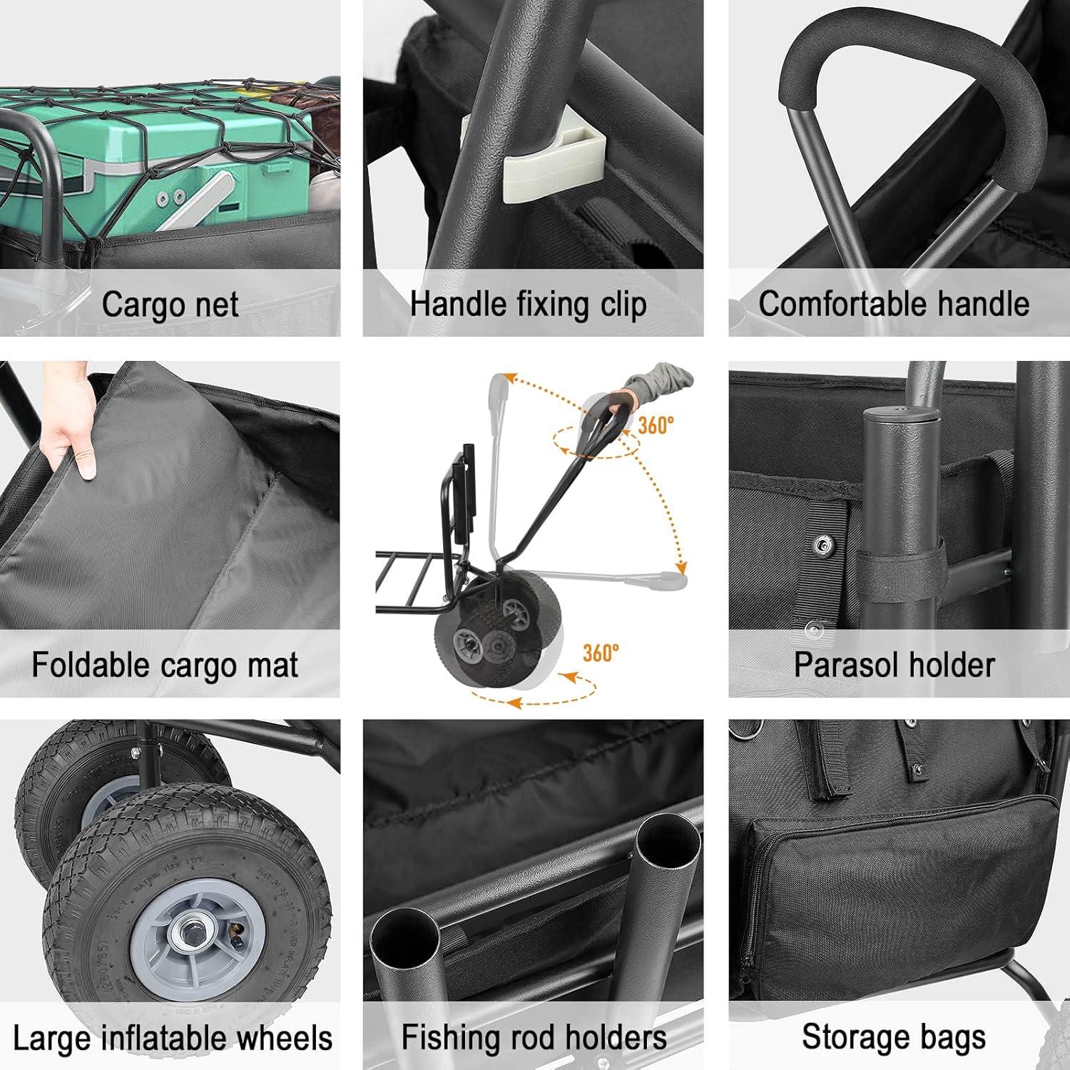 Heavy-Duty Foldable Fishing Cart with Pneumatic Wheels and Rod Holders