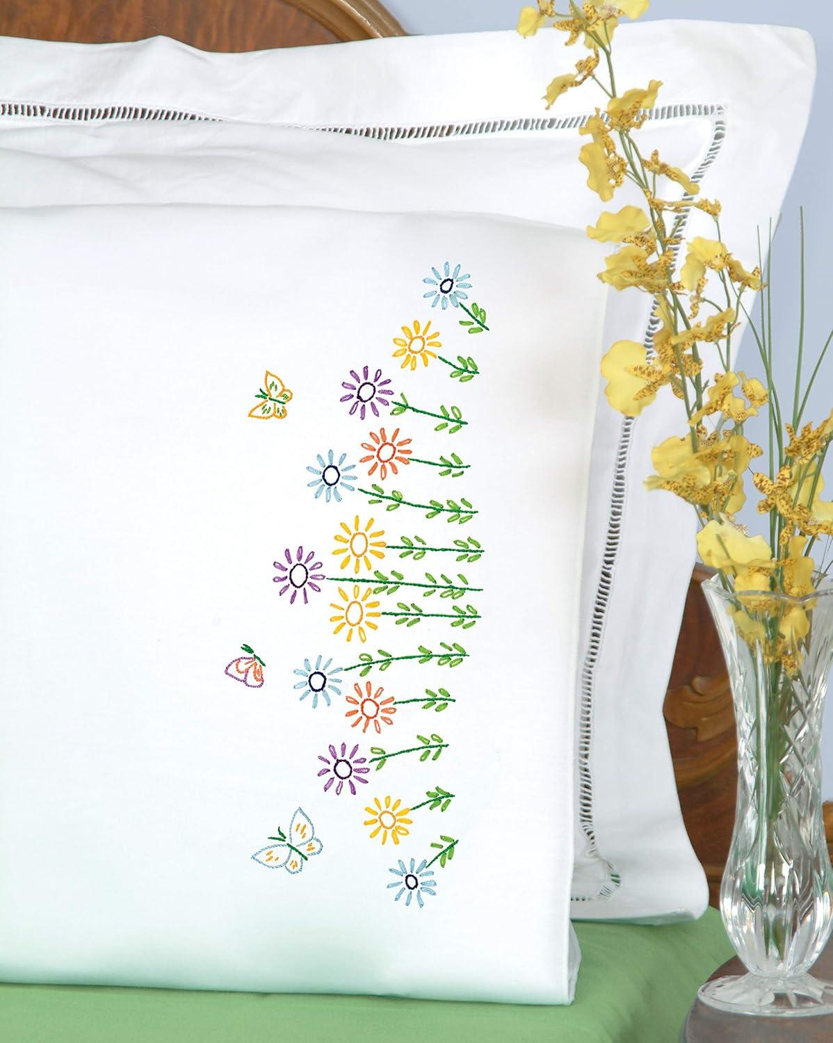 Jack Dempsey Stamped Pillowcases W/White Perle Edge 2/Pkg-Field Of Flowers