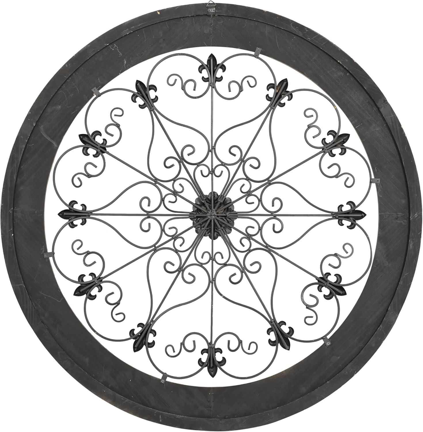 DecMode Brown Wood Arabesque Scroll Wall Decor with Metal Fleur De Lis Relief
