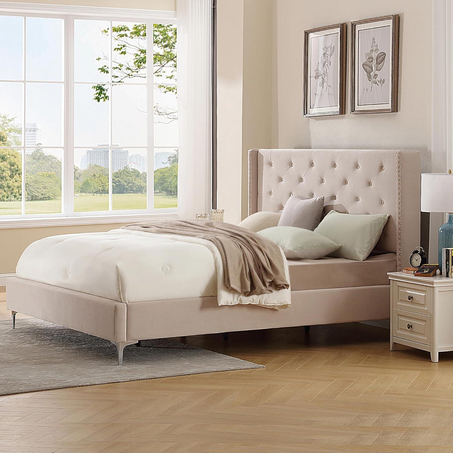 Beige Velvet Upholstered California King Bed with Tufted Headboard