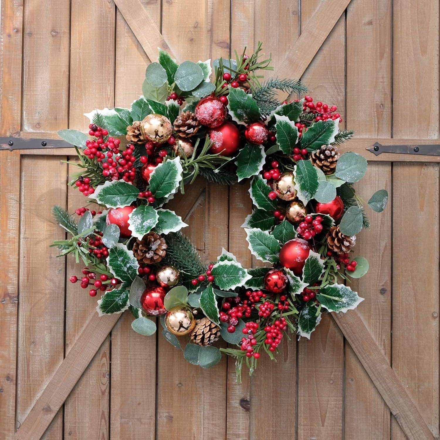 20 Inches Christmas Wreath,Artificial Christmas Wreaths For Front Door Christmas Grapevine Wreath With Pine Needles Pine Cones And Red Berries For Home Decor Christmas Winter Decorations