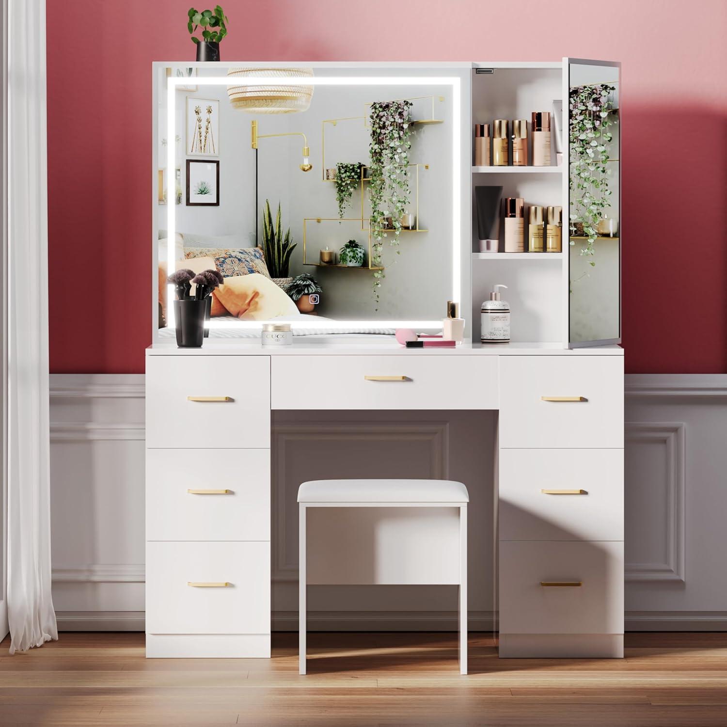 Vanity Desk with Lighted Mirror,Makeup Table with 7 Drawers,Wildhome Brand,Adult Age Group