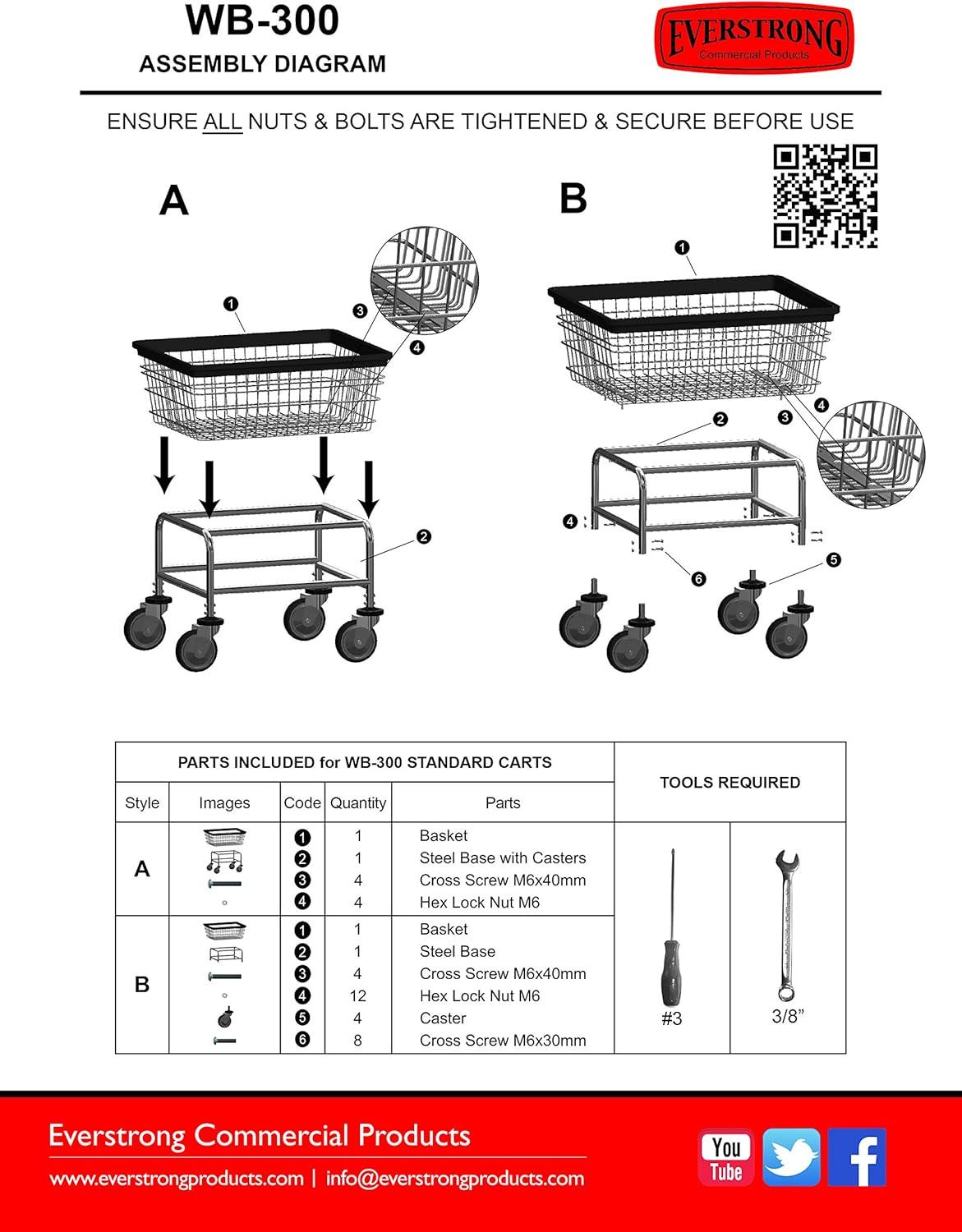 WB 300 Everstrong Superior Wire Laundry Cart, 2.8 Bushel, Chrome