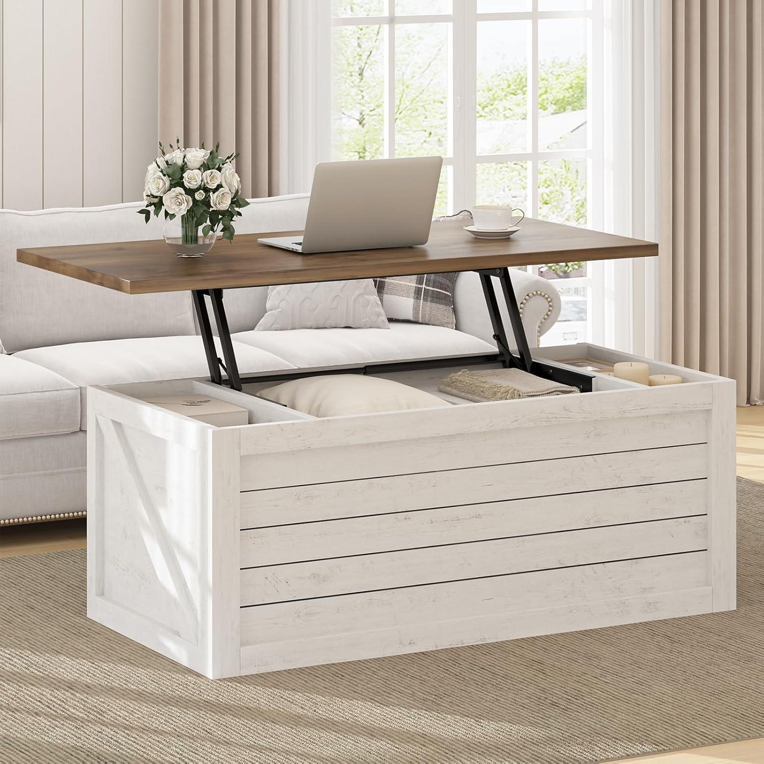 47.3" Lift Top Coffee Table, Farmhouse Coffee Table for Living Room, White Lift Top Coffee Table with Large Hidden Storage Compartment and Sliding Barn Doors, White