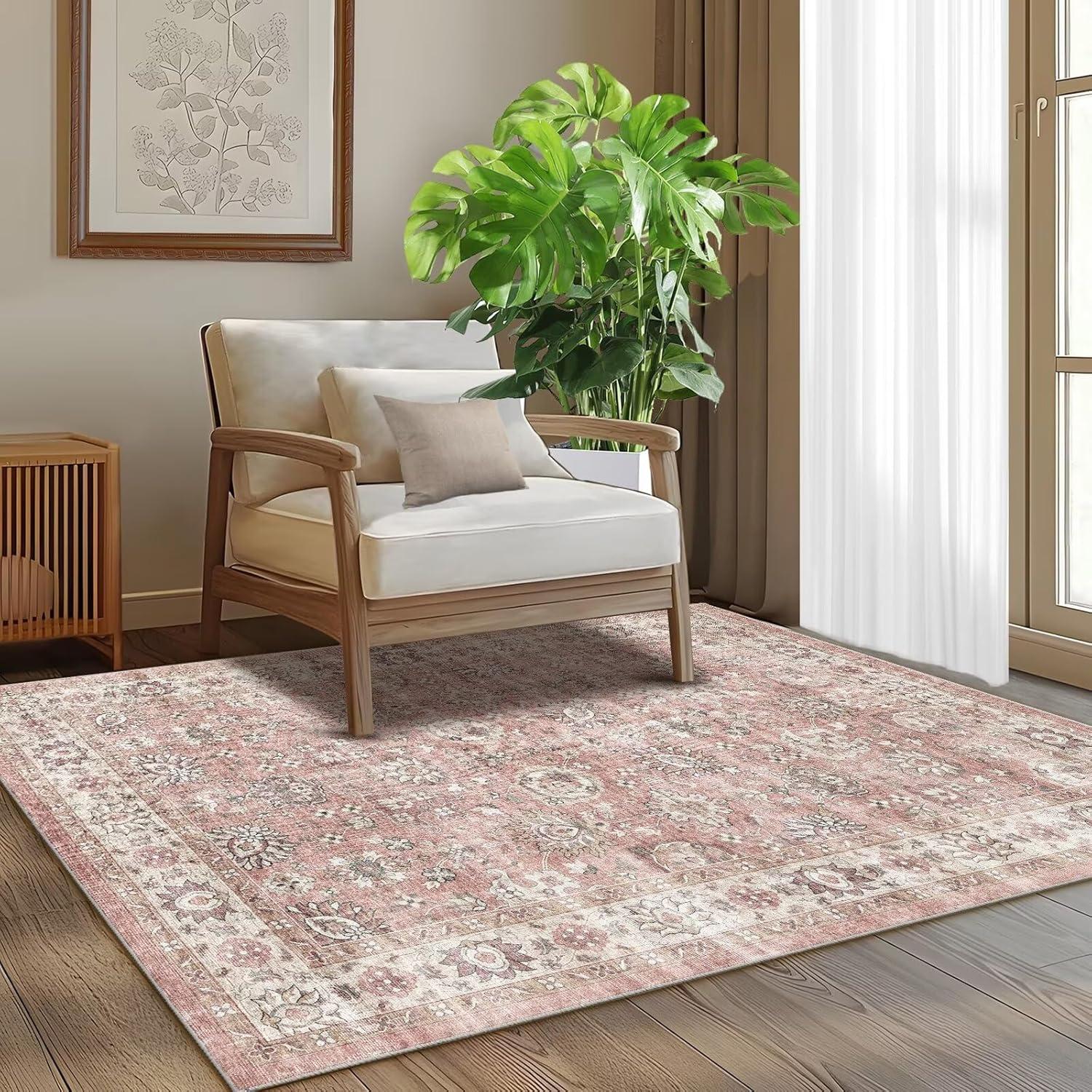 Hasoo Area Rug 5' x 7' Washable Modern Floral Rugs for Living Room Non-Slip Accent Carpet Pink