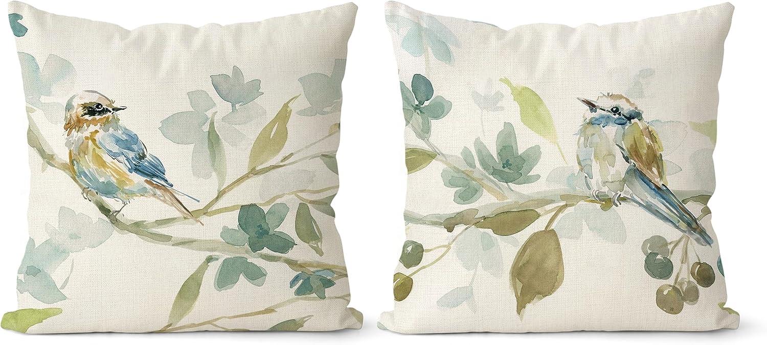 Nature-Inspired Cotton Euro Throw Pillow Set with Bird Print