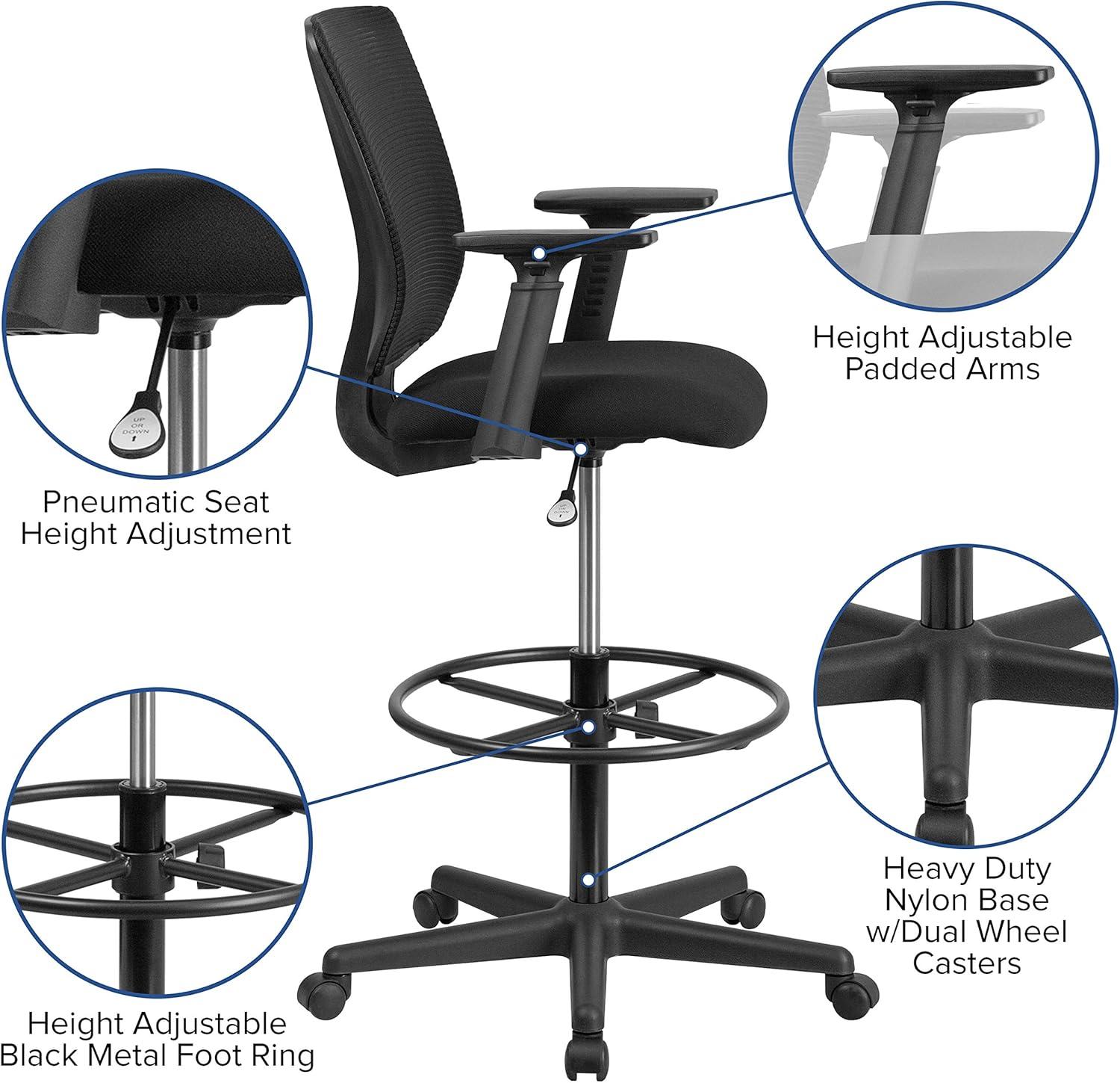 Sinda Mid-Back Mesh Drafting Chair w/ Fabric Seat, Adjustable Foot Ring and Arms