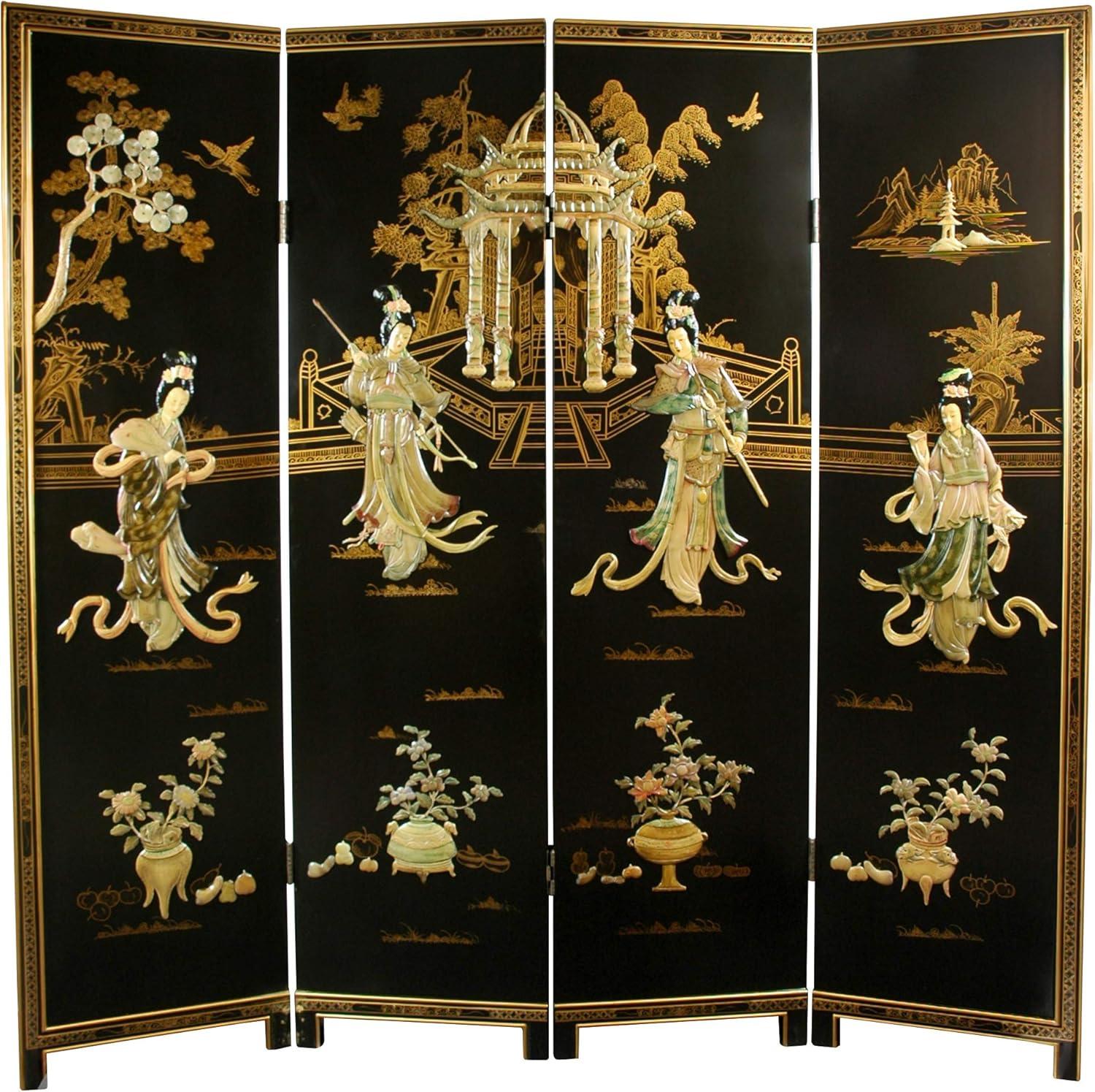 72" Black and Gold Hand-Painted Shoji Room Divider