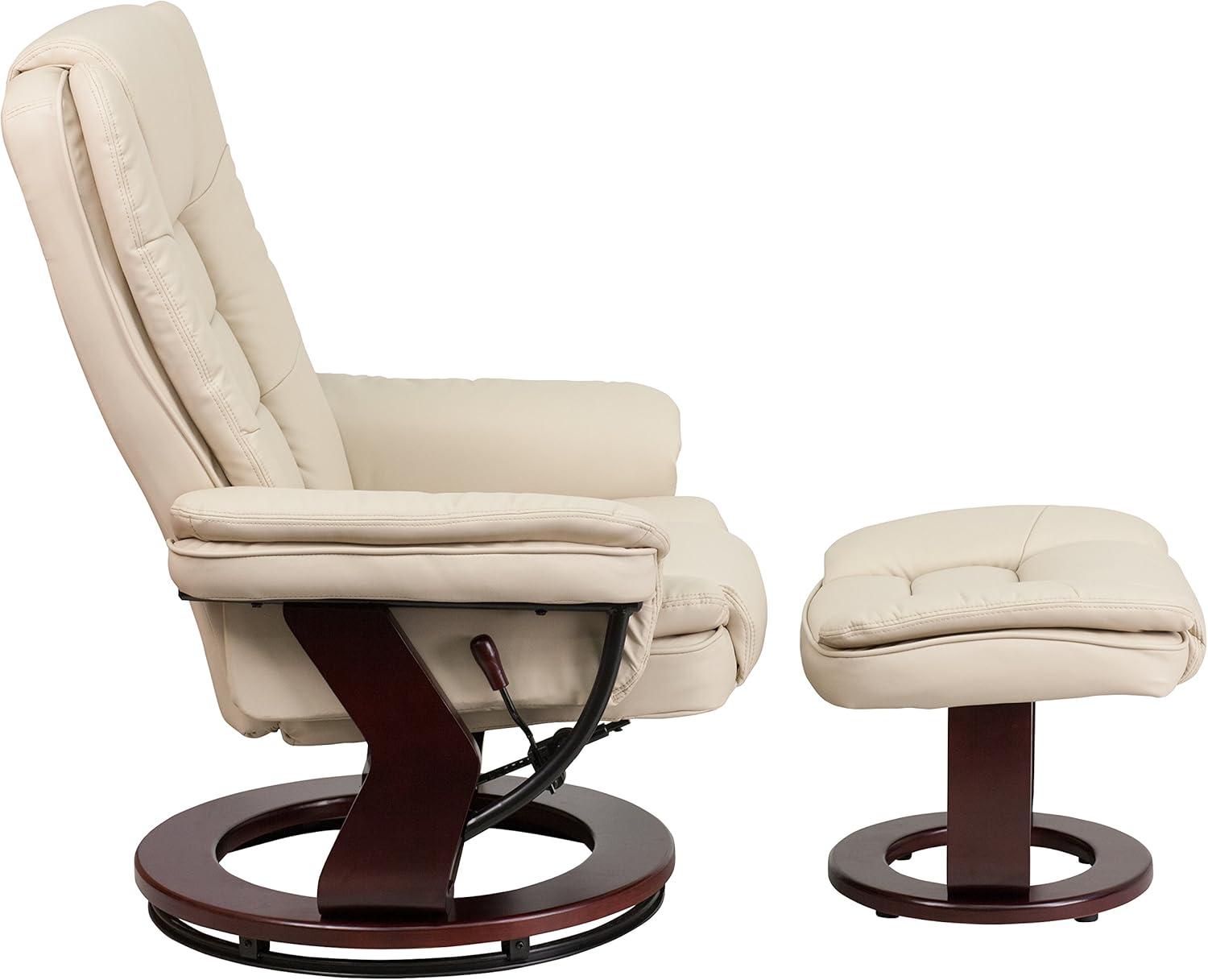 Flash Furniture Bali Contemporary Multi-Position Recliner with Horizontal Stitching and Ottoman with Swivel Mahogany Wood Base in Beige LeatherSoft