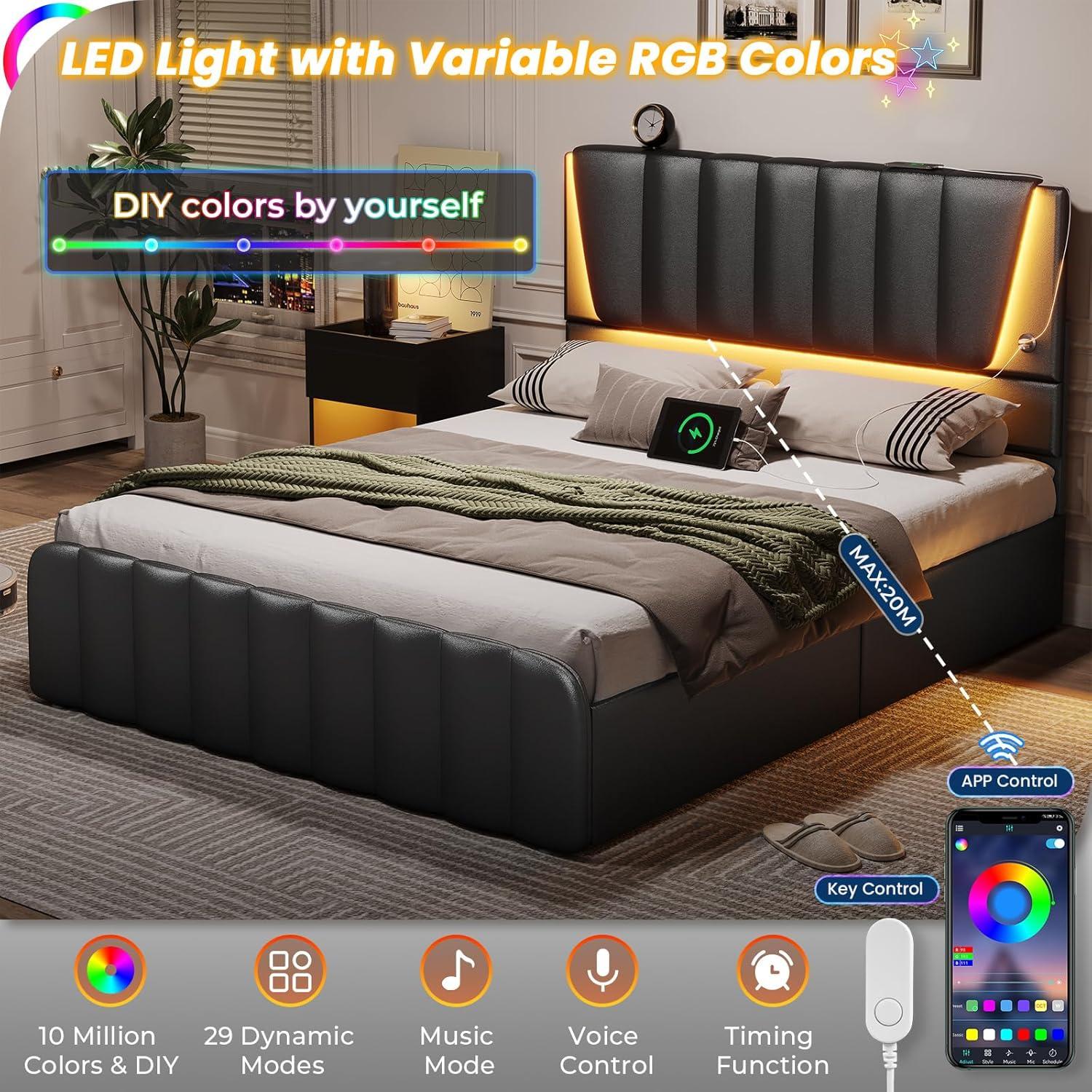 Full Size Led Bed Frame with Charging Station&LED Lights Modern Faux Leather Upholstered Platform Bed Frame with Adjustable Headboard&4 Storage Drawers, Black