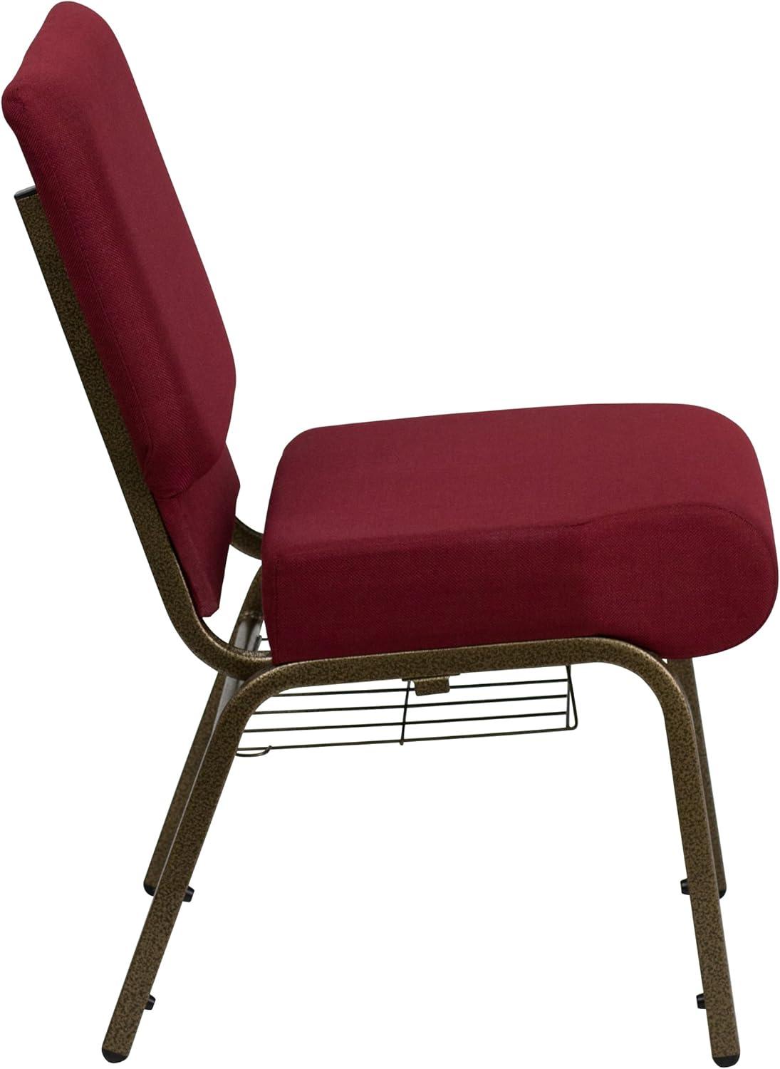 BizChair 4 Pack 21''W Church Chair in Burgundy Fabric with Cup Book Rack - Gold Vein Frame