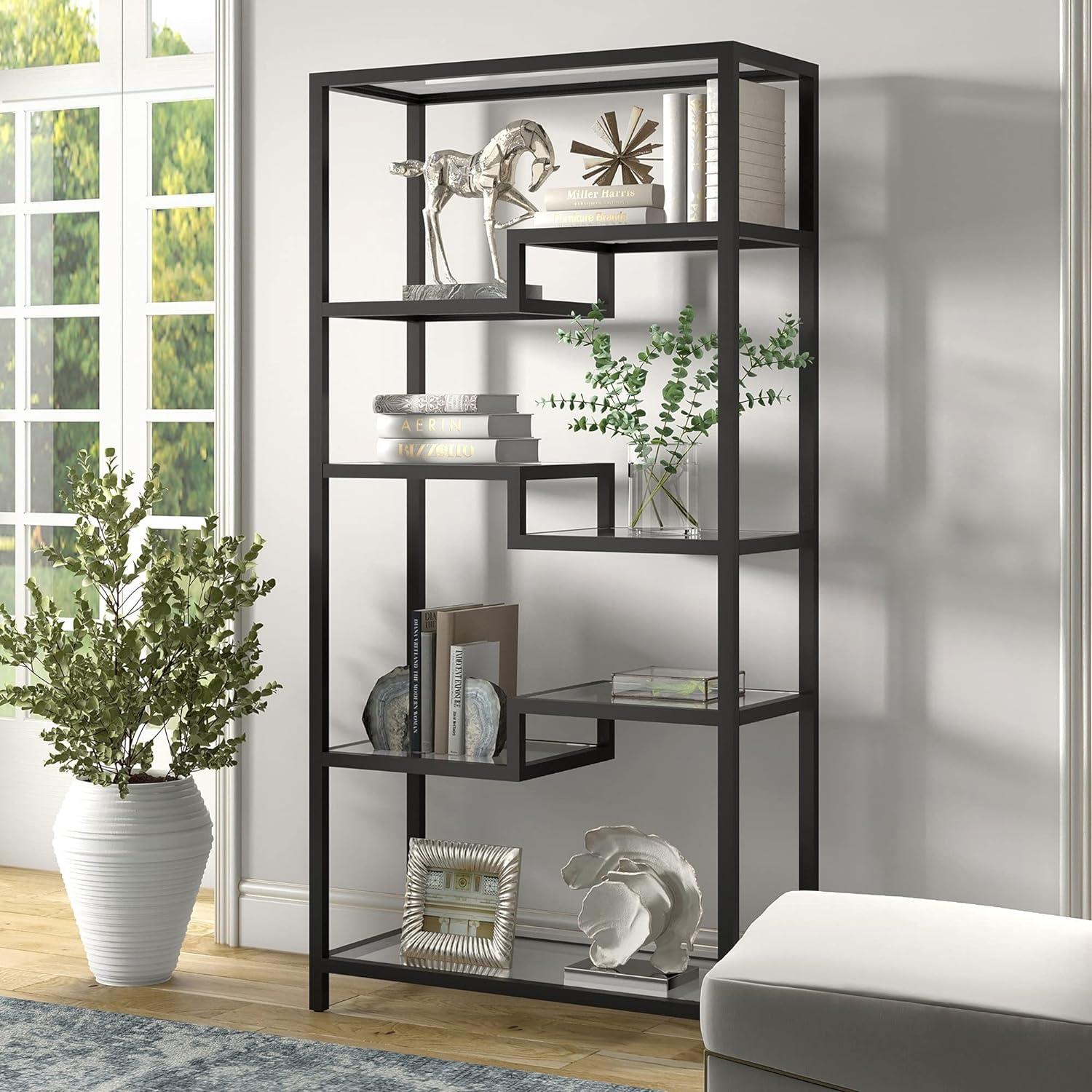 Johann Modern 68" Satin Nickel Metal and Tempered Glass Bookcase