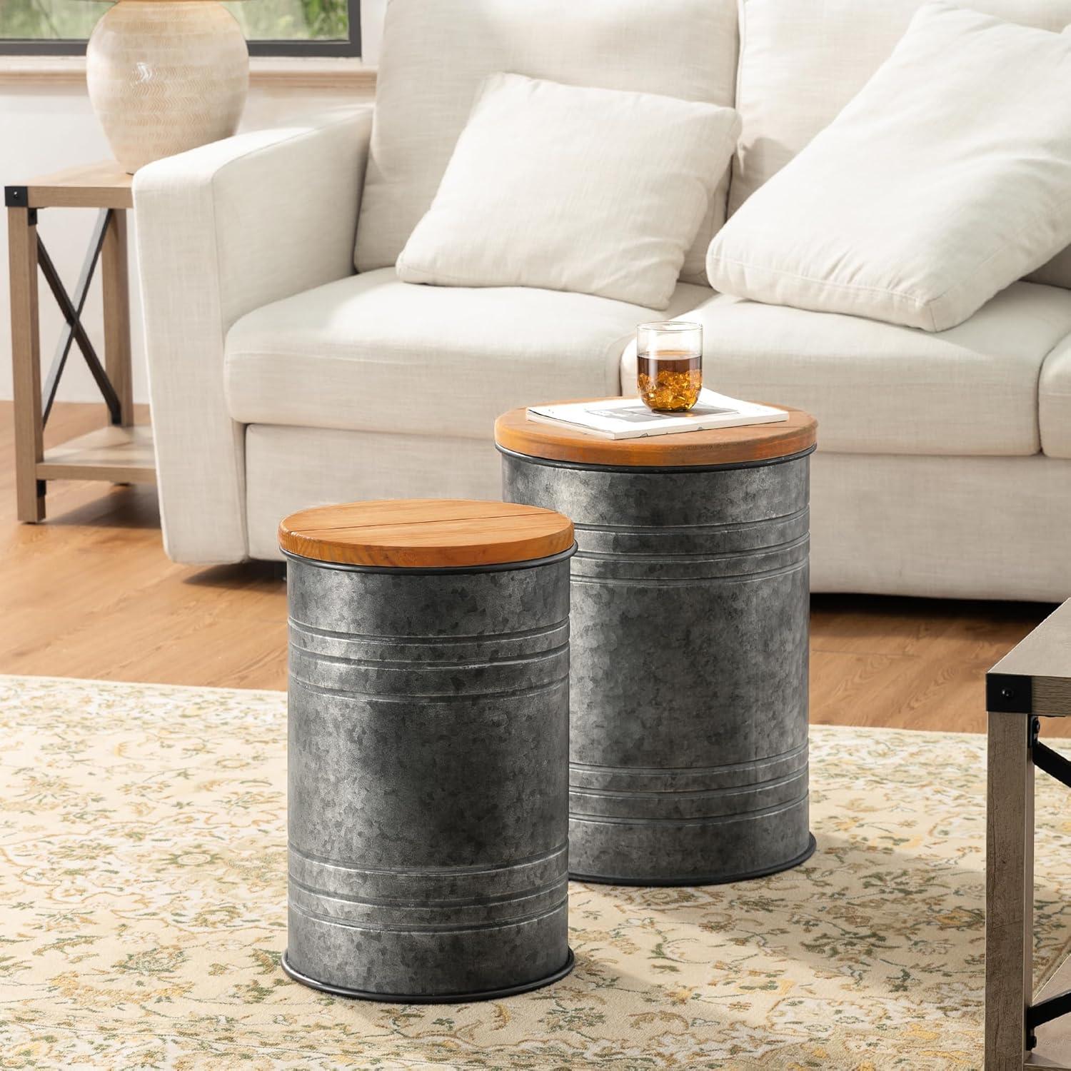 Rustic Dark Gray Metal Storage Stools with Wood Lids, Set of 2
