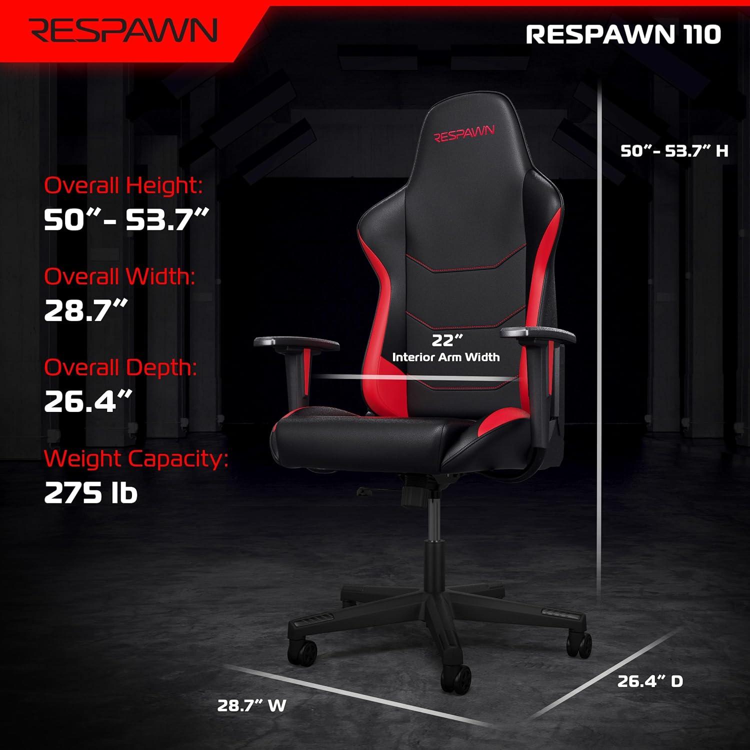 RESPAWN 110 Gaming Chair - Gamer Chair PC Computer Chair, Ergonomic Gaming Chairs, Office Chair with Integrated Headrest, Gaming Chair for Adults 135 Degree Recline with Angle Lock - Red