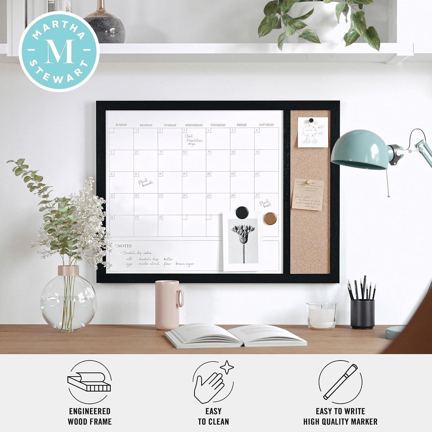 Martha Stewart Everette 24"x18" Magnetic Dry Erase Monthly Calendar and Cork Board Combo with Included Marker, Magnets, and Push Pins, Black Woodgrain Frame