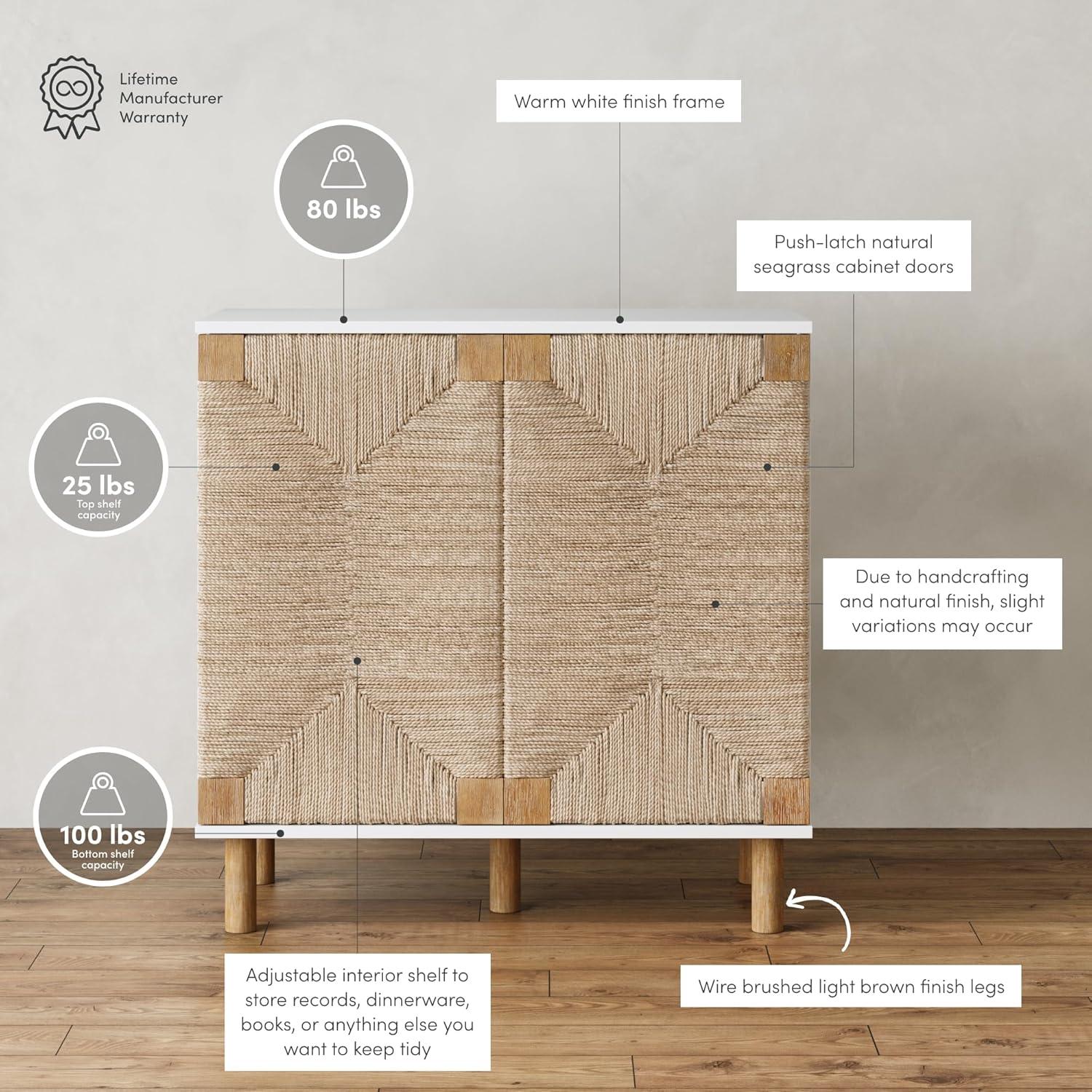 Nathan James Beacon Storage Cabinet Wood and Seagrass White: Veneer Surface, Fixed Shelf, Adult Assembly Required