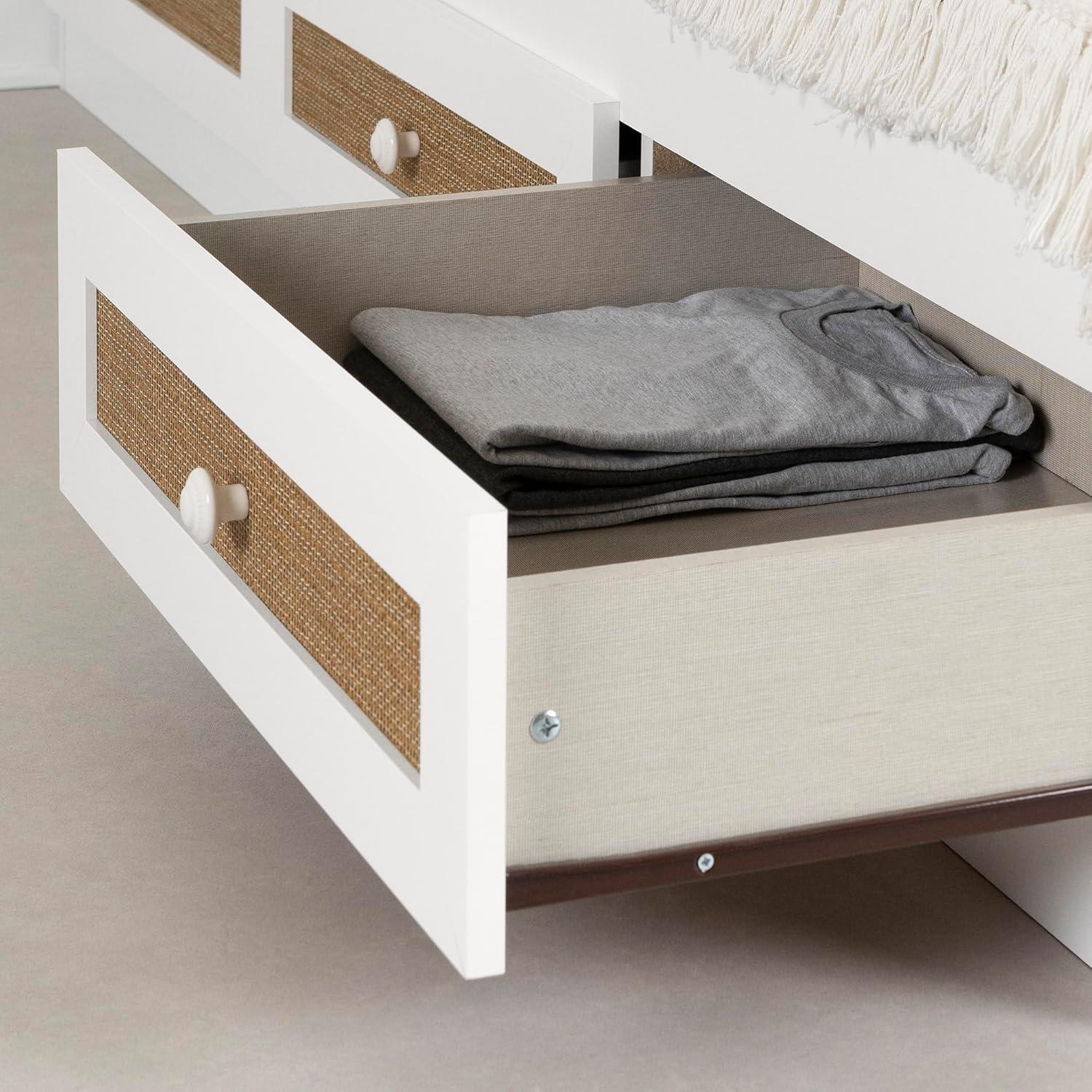 South Shore Bloom, Bohemian Harmony Twin Mates Bed with 3 Drawers, White and Faux Printed Rattan