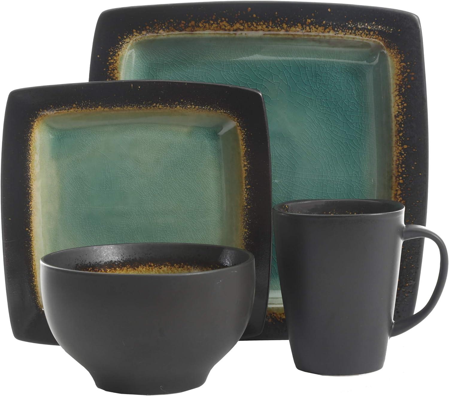 Green and Black Square Ceramic Dinnerware Set, Service for 4