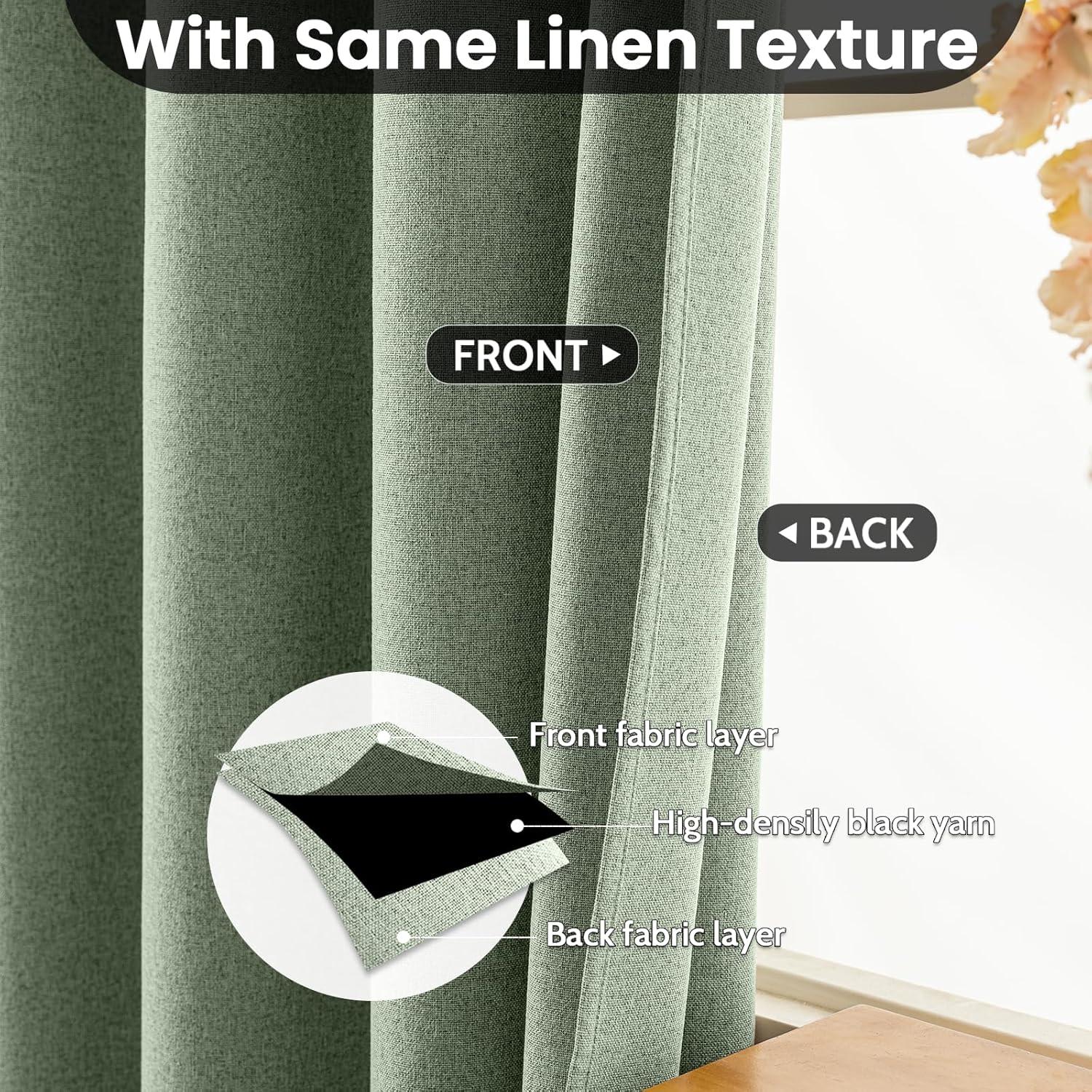 COSVIYA 100% Blackout Sage Green Linen Curtains & Drapes 84 Inch Length 2 Panels Set, Full Room Darkening Grommet Insulated Thermal Window Panels for Bedroom/Living Room,52x84 inches