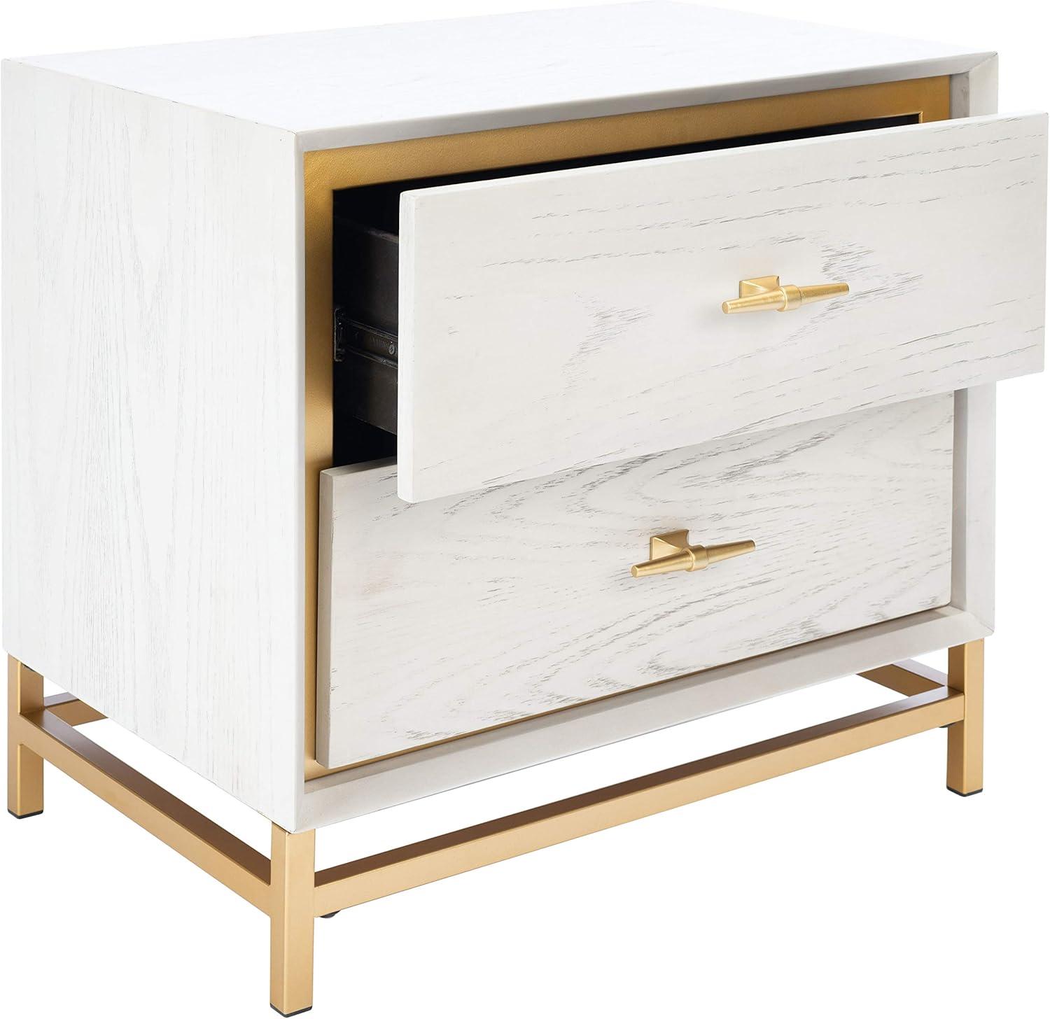 SAFAVIEH Fenno Glam 2 Drawer Nightstand, White Washed/Brass