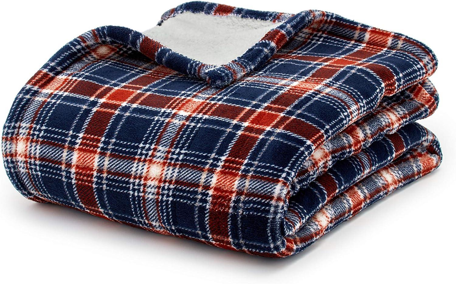 Full Glen Plaid Navy Reversible Sherpa Electric Throw Blanket